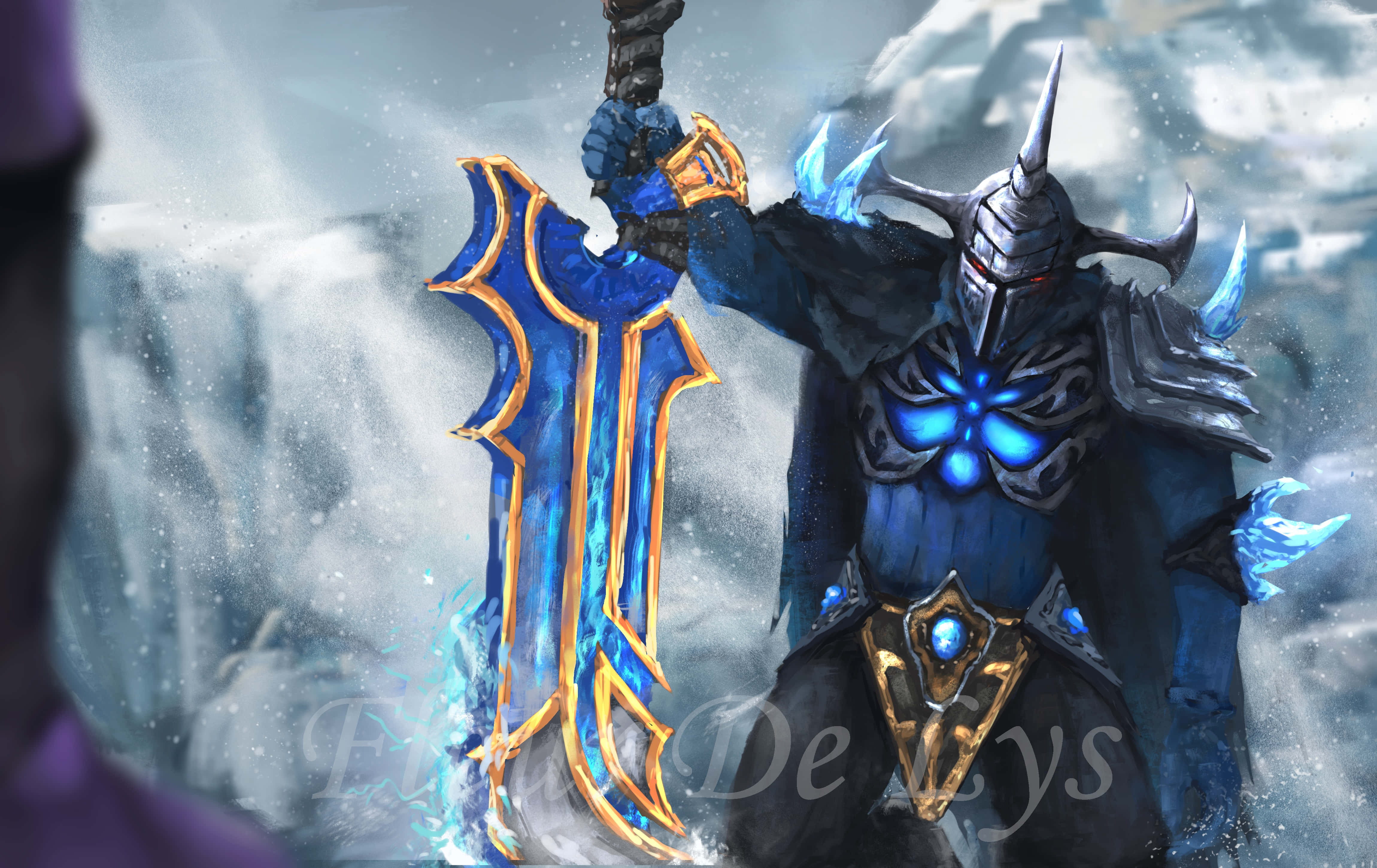 Dota 2 Sven 桌布 壁紙 — 一名身穿暗色盔甲的戰士在雪覆蓋的山地景觀中揮舞著發光的藍色和金色劍。