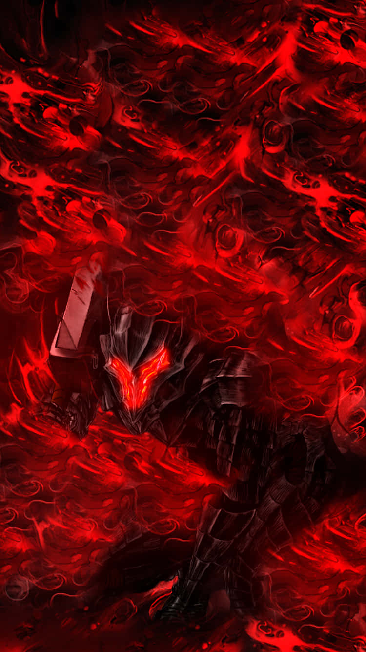 Berserk Armor 桌布 壁紙 — 一名身穿暗色盔甲的戰士從旋轉的深紅火焰中出現，擁有發光的紅色眼睛和威脅性的存在。