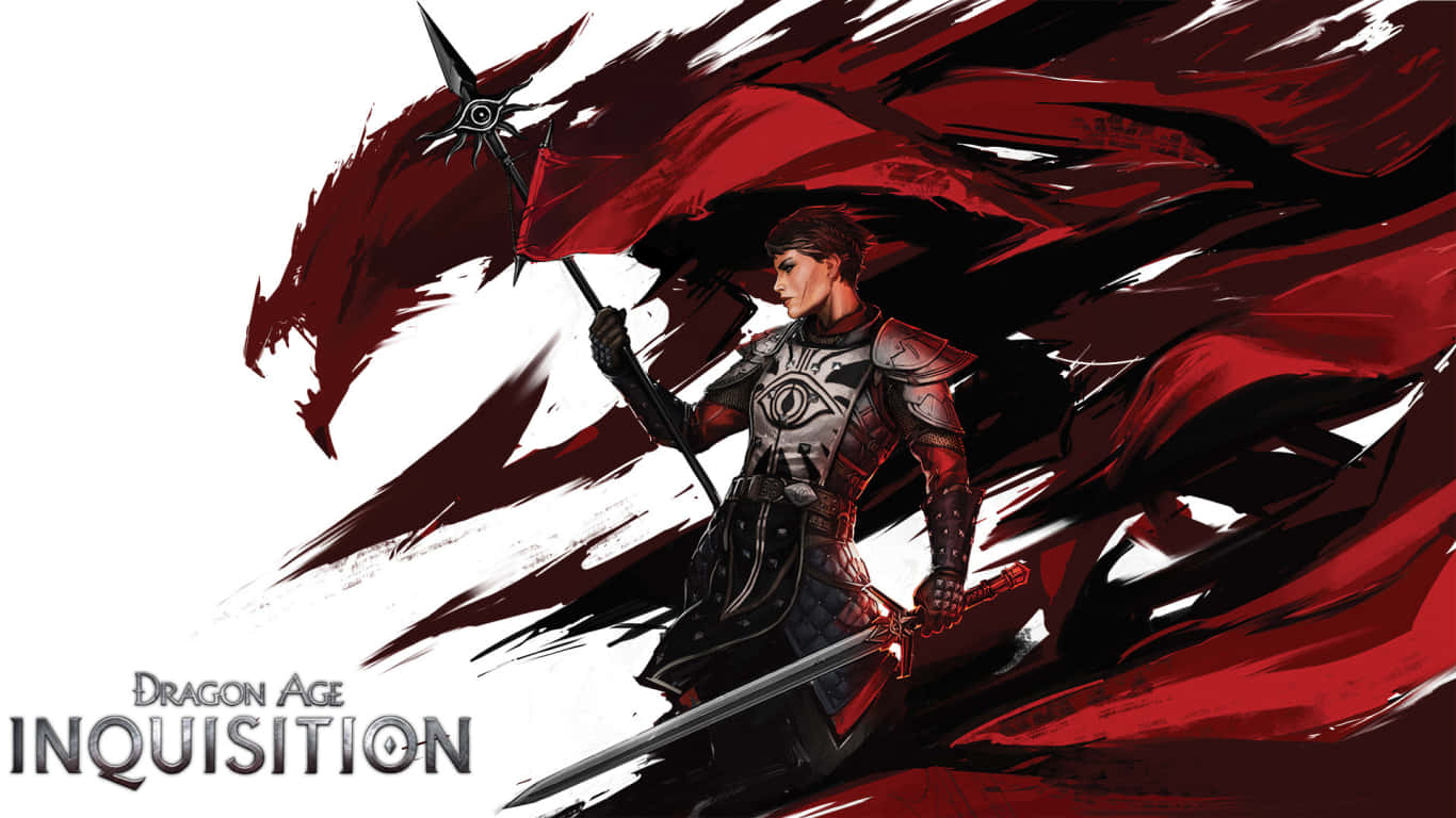 1366x768 Dragon Age Inquisition 桌布 壁紙 — 一名身穿暗色盔甲的戰士揮舞劍與法杖，對抗一條盤旋的紅龍，呈現動態的奇幻戰鬥場景。