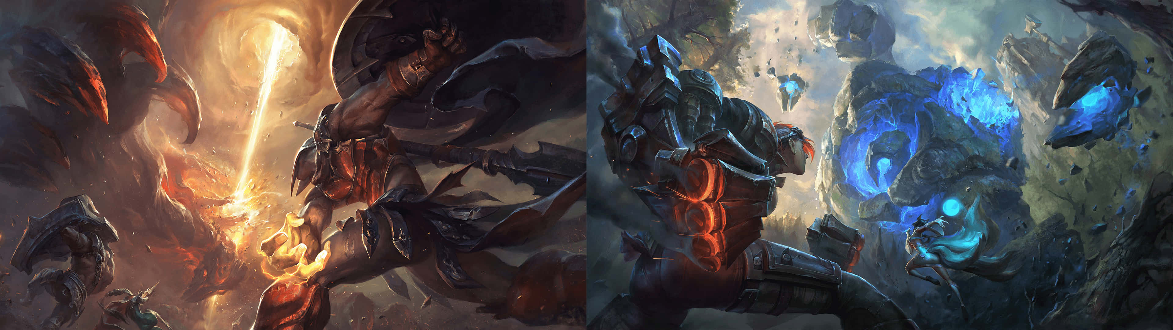 League Of Legends Dual Screen 桌布 壁紙 — 一名身穿暗色盔甲的戰士揮舞著發光的劍，對抗旋轉的宇宙漩渦，而一個機器人形站在漂浮的藍色能量球之間。