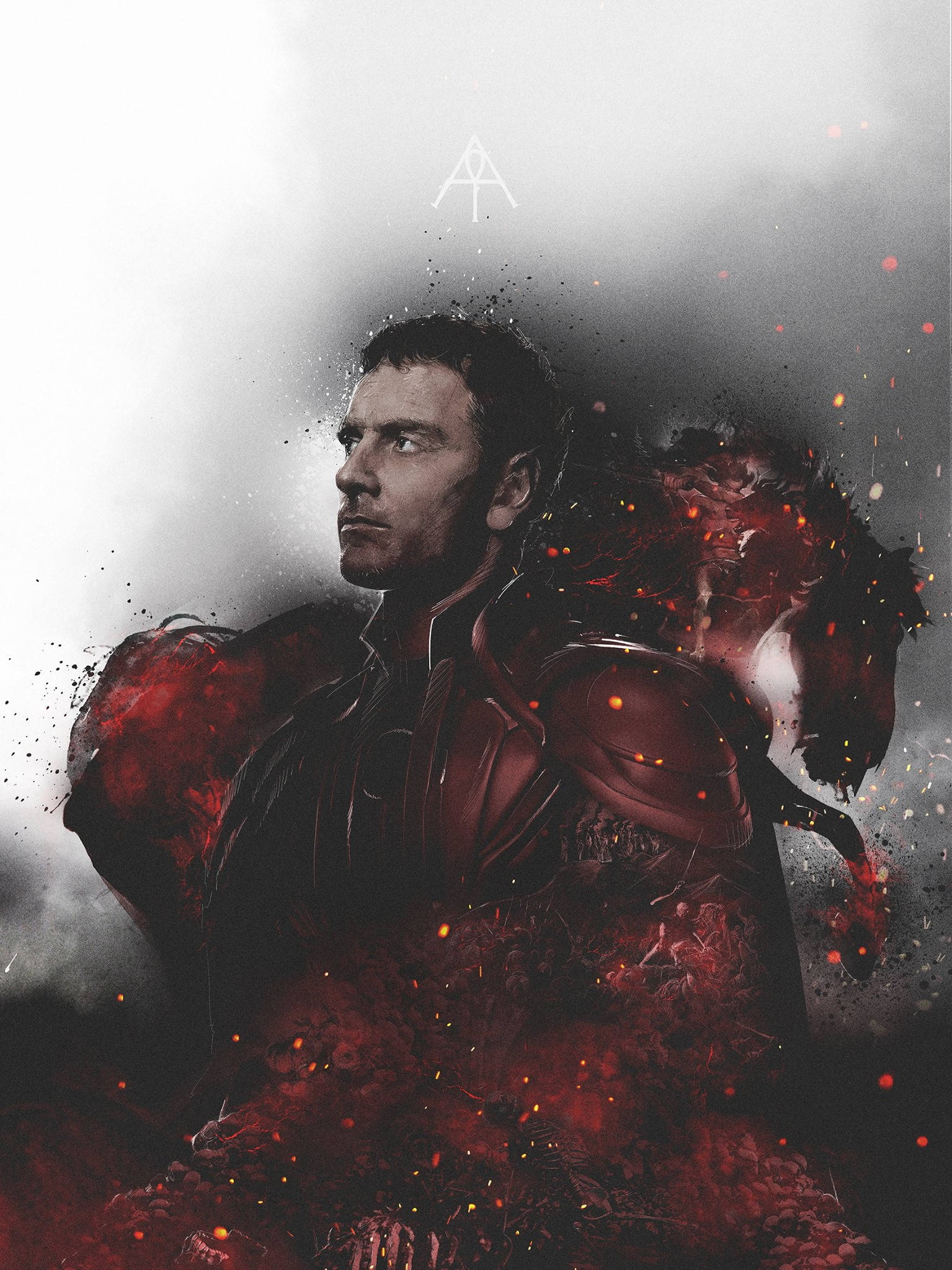 Magneto 桌布 壁紙 — 一名身穿暗色盔甲的戰士站在旋轉的紅色能量和發光粒子之中，背景是煙霧繚繞的灰色。