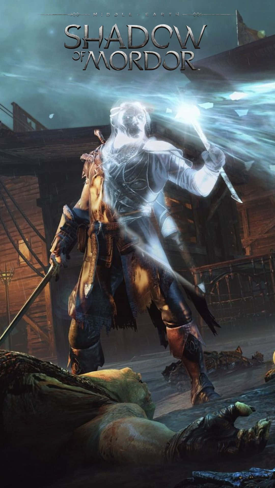 Android Shadow Of Mordor 桌布 壁紙 — 一名身穿暗色盔甲的戰士站在風暴天空下昏暗村莊中倒下的敵人之上。