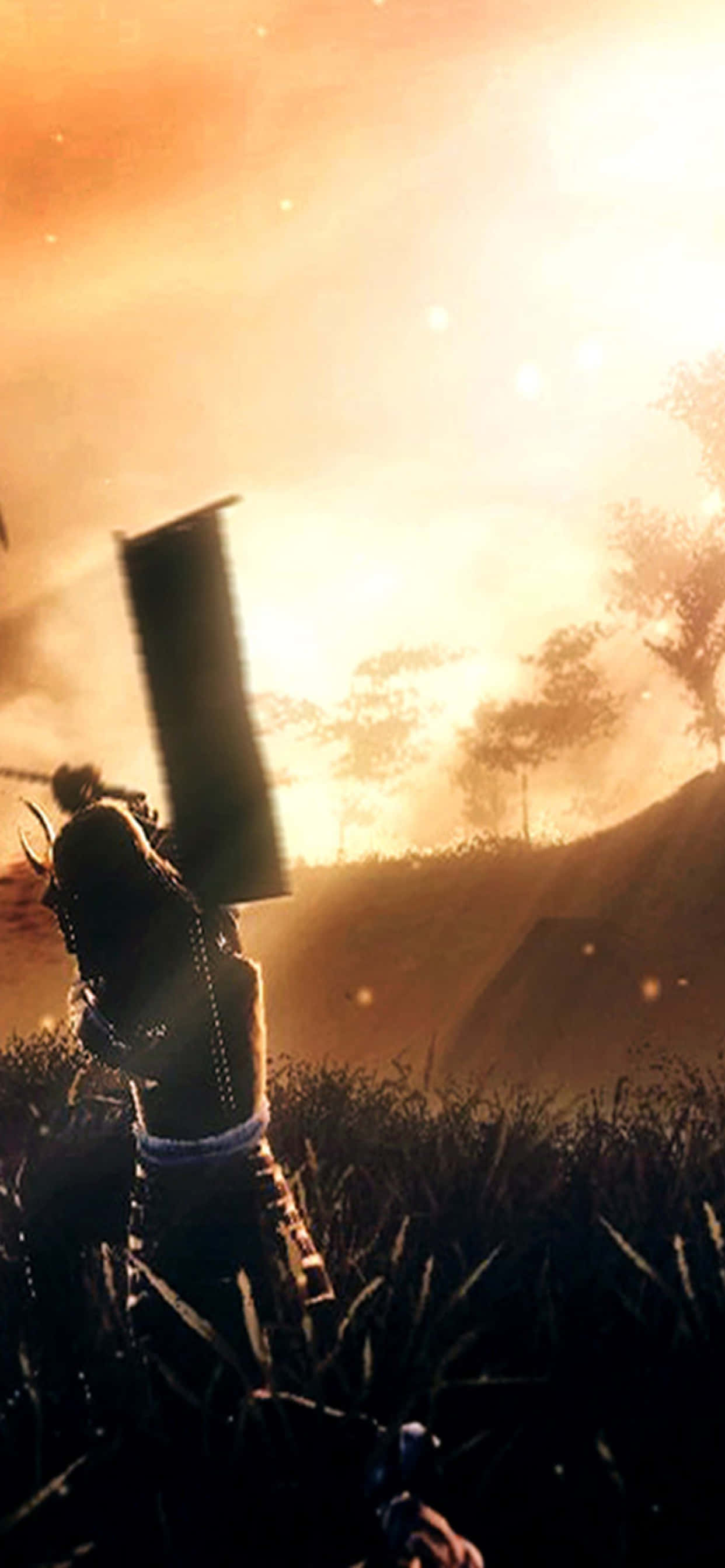 iPhone Xs Max Total War Shogun 2 桌布 壁紙 — 一名身穿暗色盔甲的戰士站在高草叢中，手持巨劍，映襯著燦爛的日落天空。