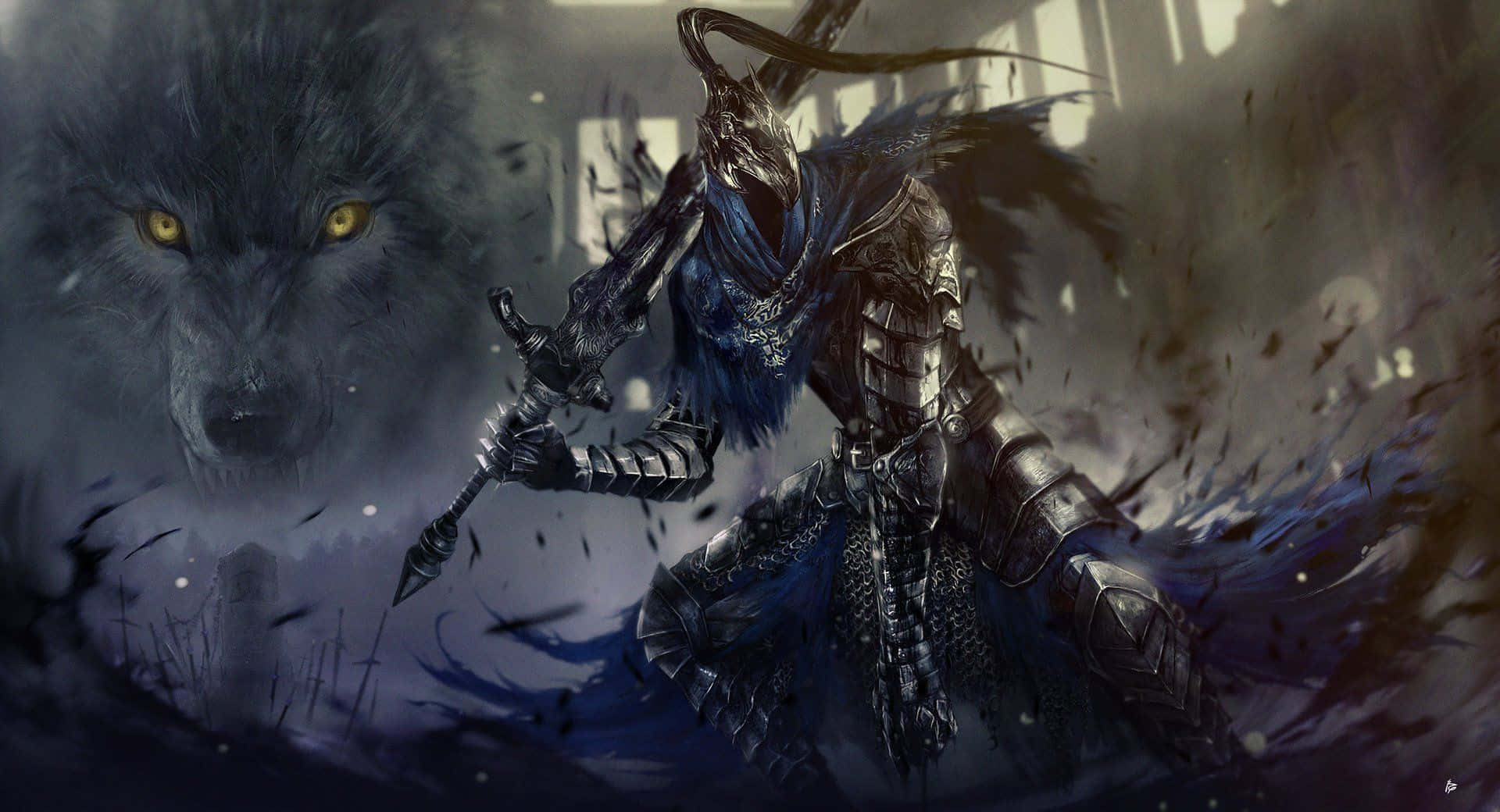 Artorias The Abysswalker 桌布 壁紙 — 一名身穿暗色盔甲的戰士與一頭狼同伴站在風暴籠罩、陰影密佈的戰場上，雙眼發出黃色光芒。