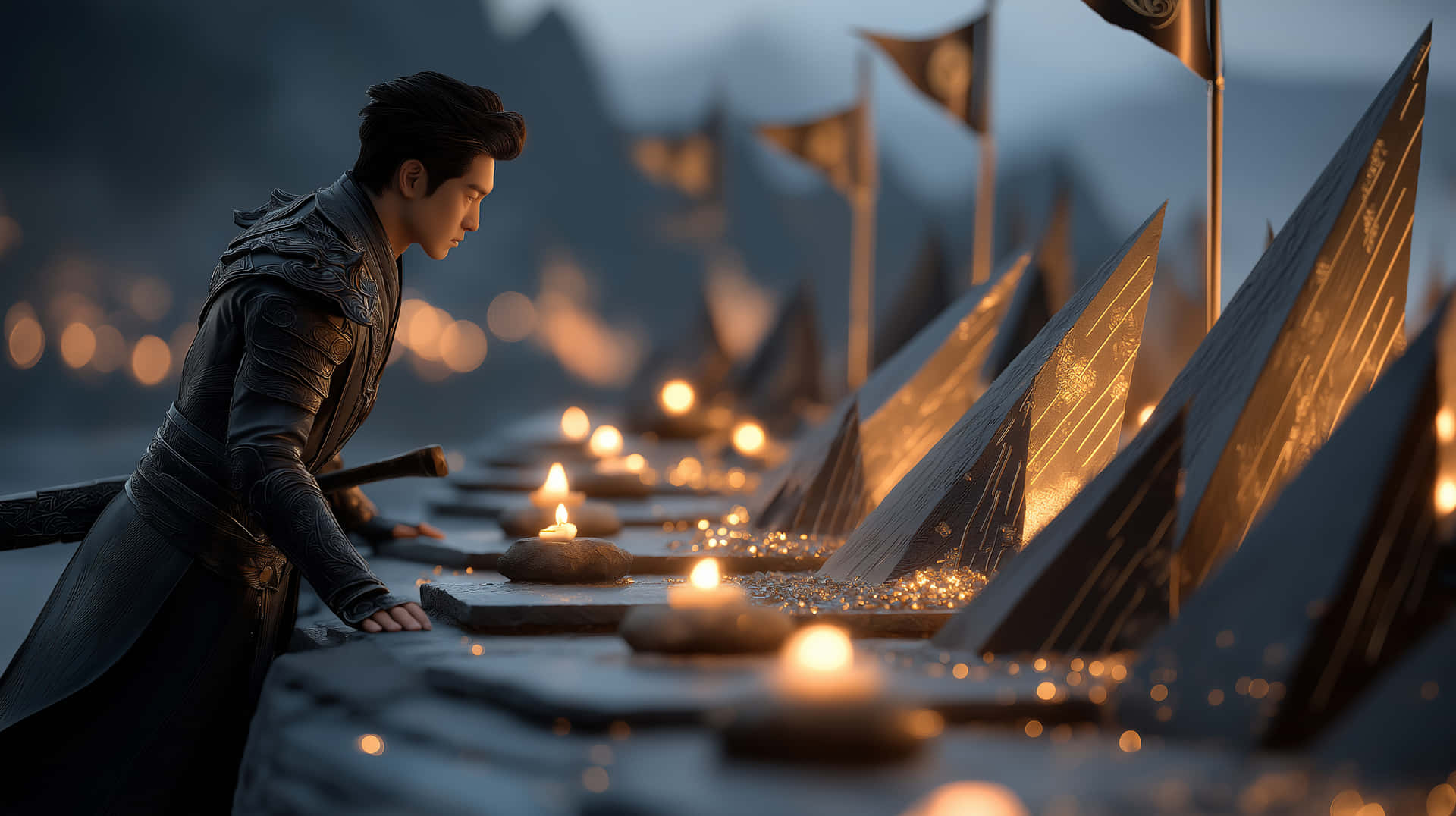 Warrior Observes Glowing Candles in Mystical Setting 壁紙 — 一名身穿暗色盔甲的戰士跪在發光的蠟燭旁，面前是一排刻有文字的石板，背景是暮色天空。