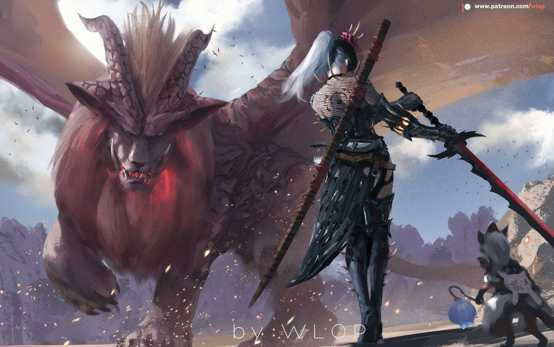 Monster Hunter 桌布 壁紙 — 一名身穿暗色盔甲的戰士面對著一隻巨大的紅龍，牠的眼睛發光，火花在群山環繞的天空中飛舞。