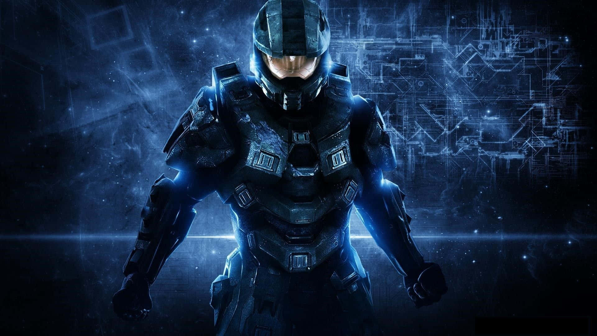 Halo 5 Blue Team 桌布 壁紙 — 一名身穿暗色盔甲的未來士兵，在發光的數位電路背景上被藍光照亮。