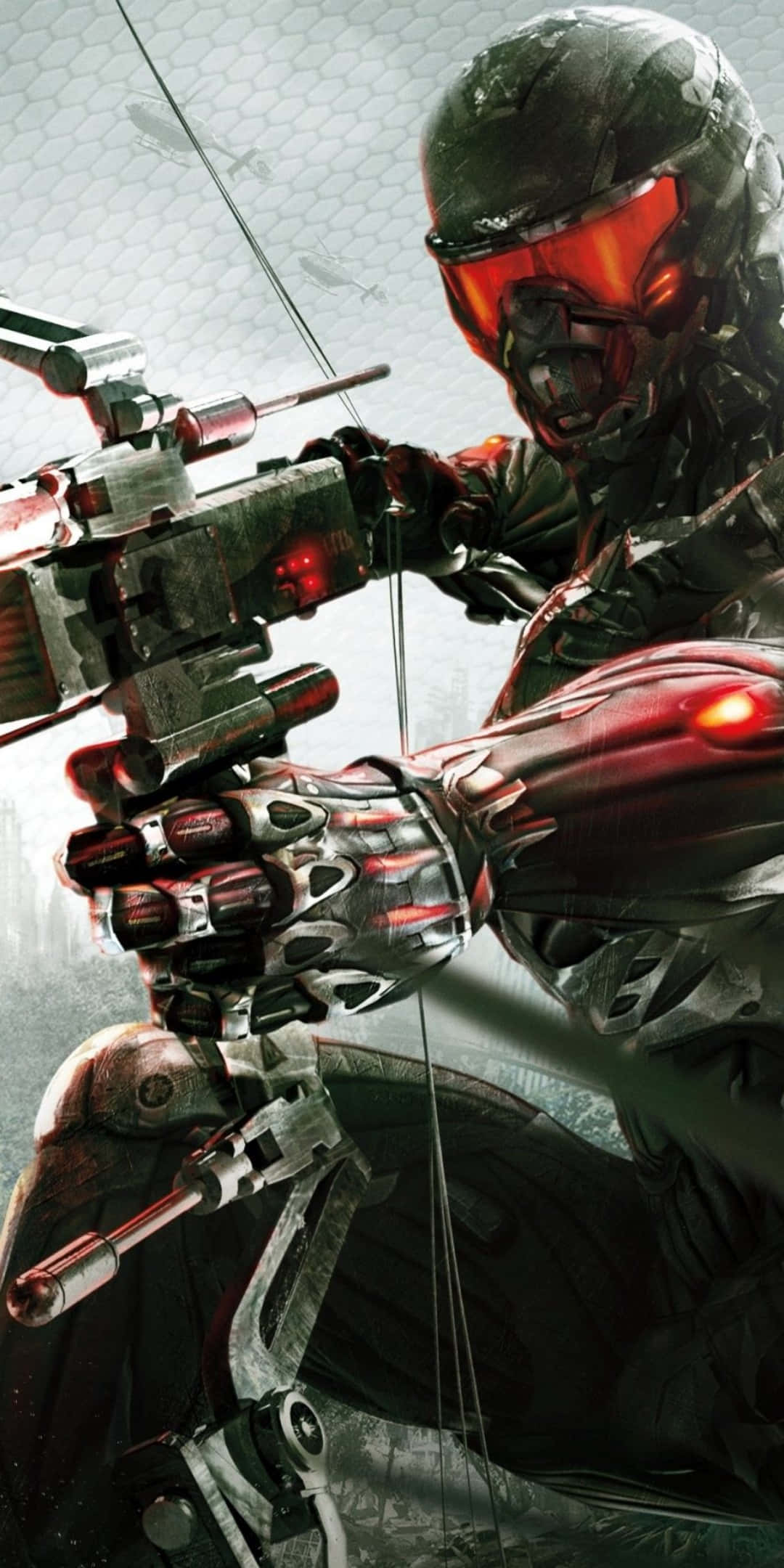 Pixel 3 Crysis 3 桌布 壁紙 — 一名身穿暗色盔甲的未來士兵，在金屬背景前瞄準一把帶有紅色發光點綴的高科技弓。