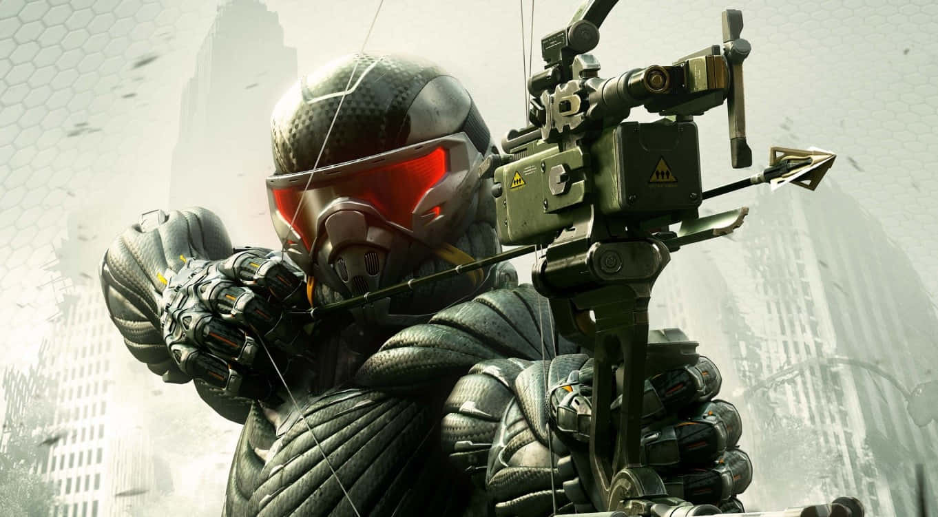 video games 桌布 壁紙 — 一名身穿暗色盔甲的未來戰士，正用高科技弓箭瞄準模糊的城市天際線。
