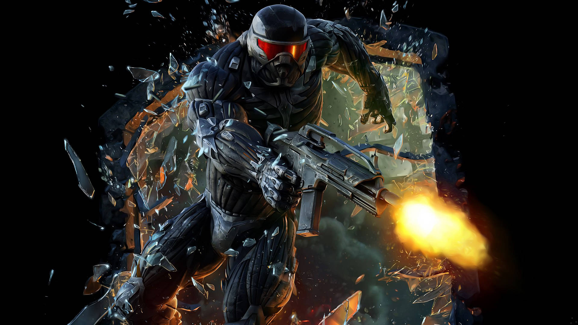 Crysis Warhead 桌布 壁紙 — 一名身穿暗色盔甲的未來戰士一邊發射發光武器，一邊突破牆壁。