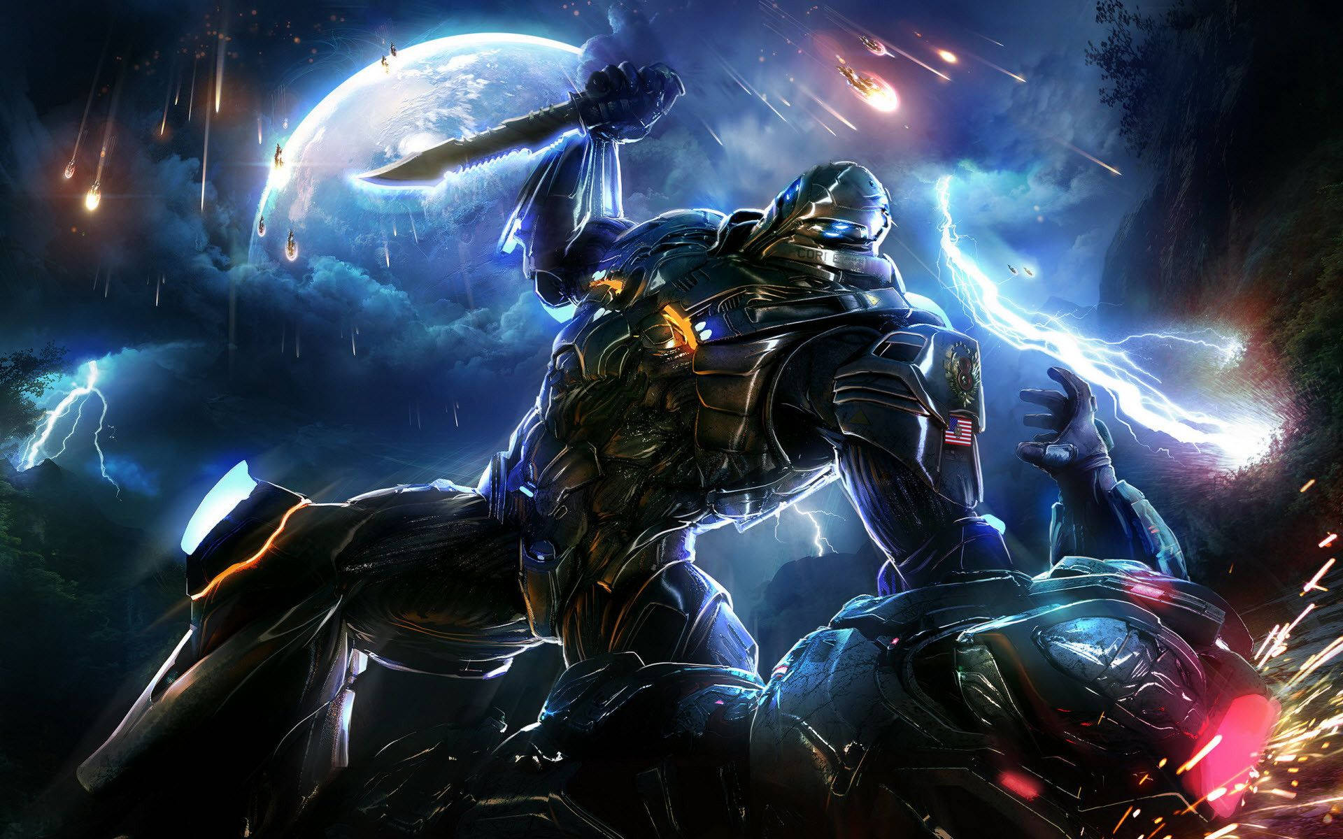 PC 遊戲 桌布 壁紙 — 一名身穿暗色盔甲的未来士兵，在暴风雨的天空下，以行星和流星为背景，挥舞著一把發光劍。