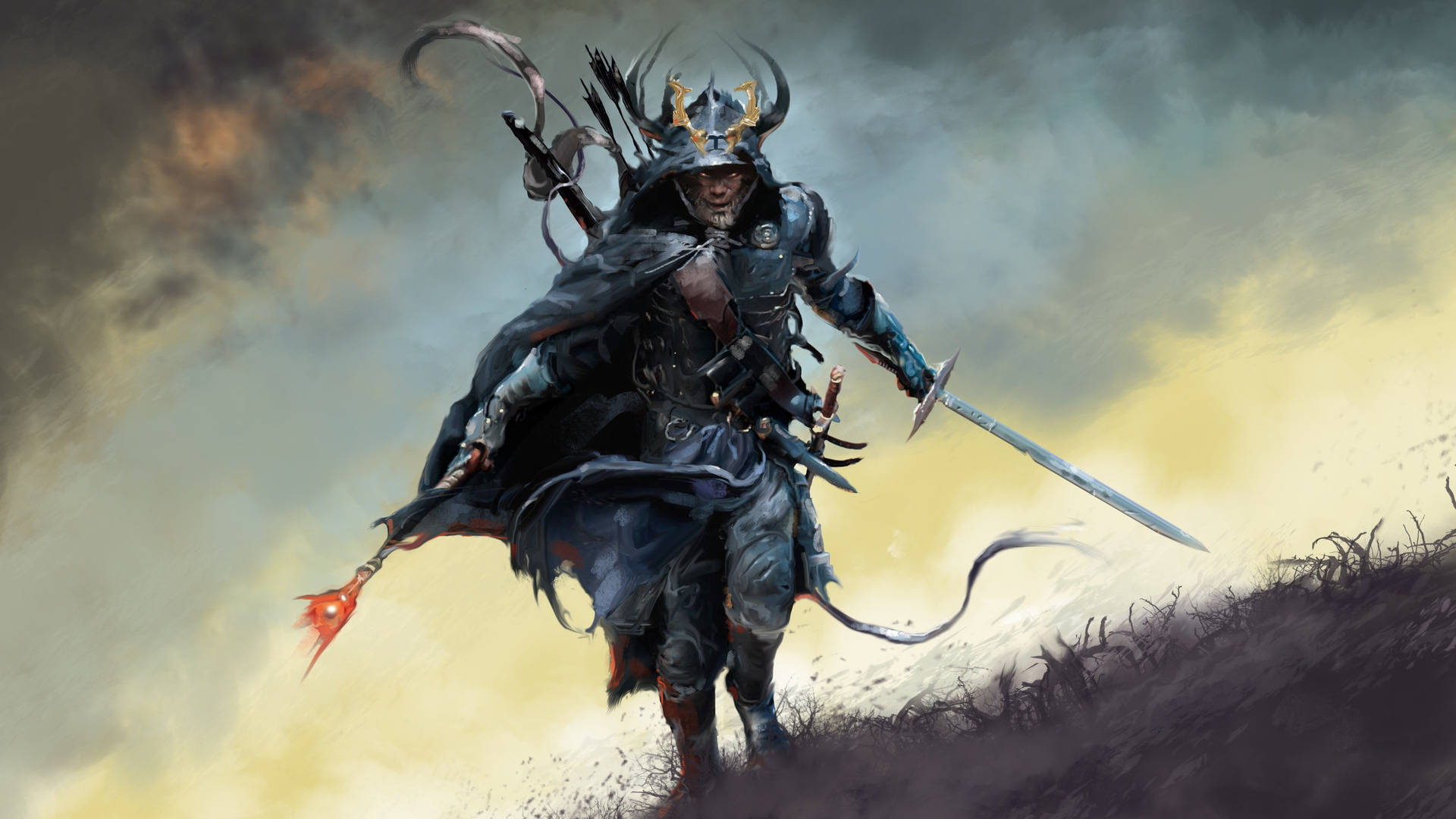 武士動畫 桌布 壁紙 — 一名身穿暗色盔甲的武士戰士，手持發光的紅色武器，在暴風雨天空下的草地上向前衝鋒。