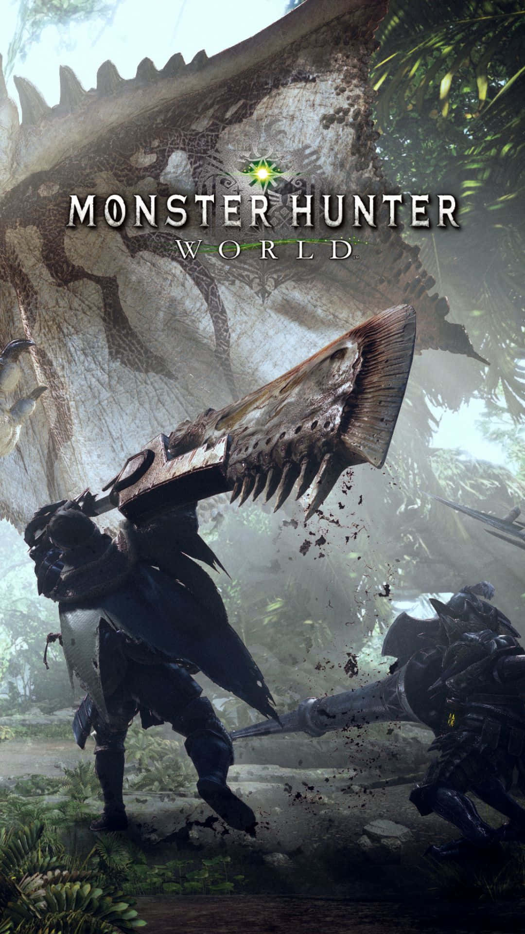 Android Monster Hunter World 桌布 壁紙 — 一名身穿暗色盔甲的獵人在迷霧叢林中揮舞著巨大的帶刺武器，攻擊一隻類似恐龍的巨型怪物。