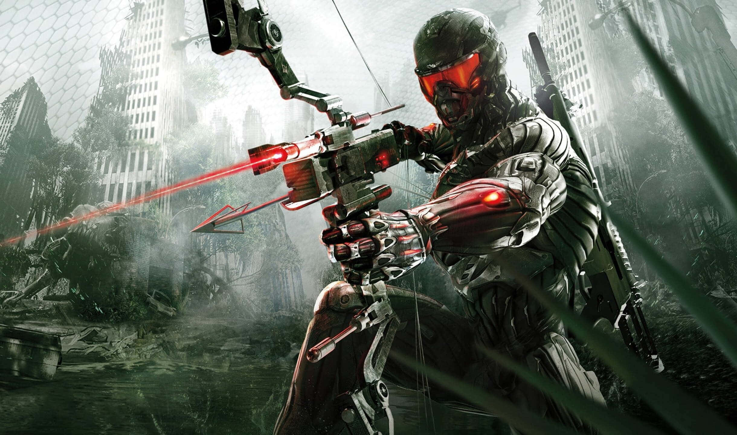 2440x1440 Crysis 3 桌布 壁紙 — 一名身穿暗色盔甲的生化士兵在廢墟般的未來城市景觀中瞄準一把發光的紅色弓。