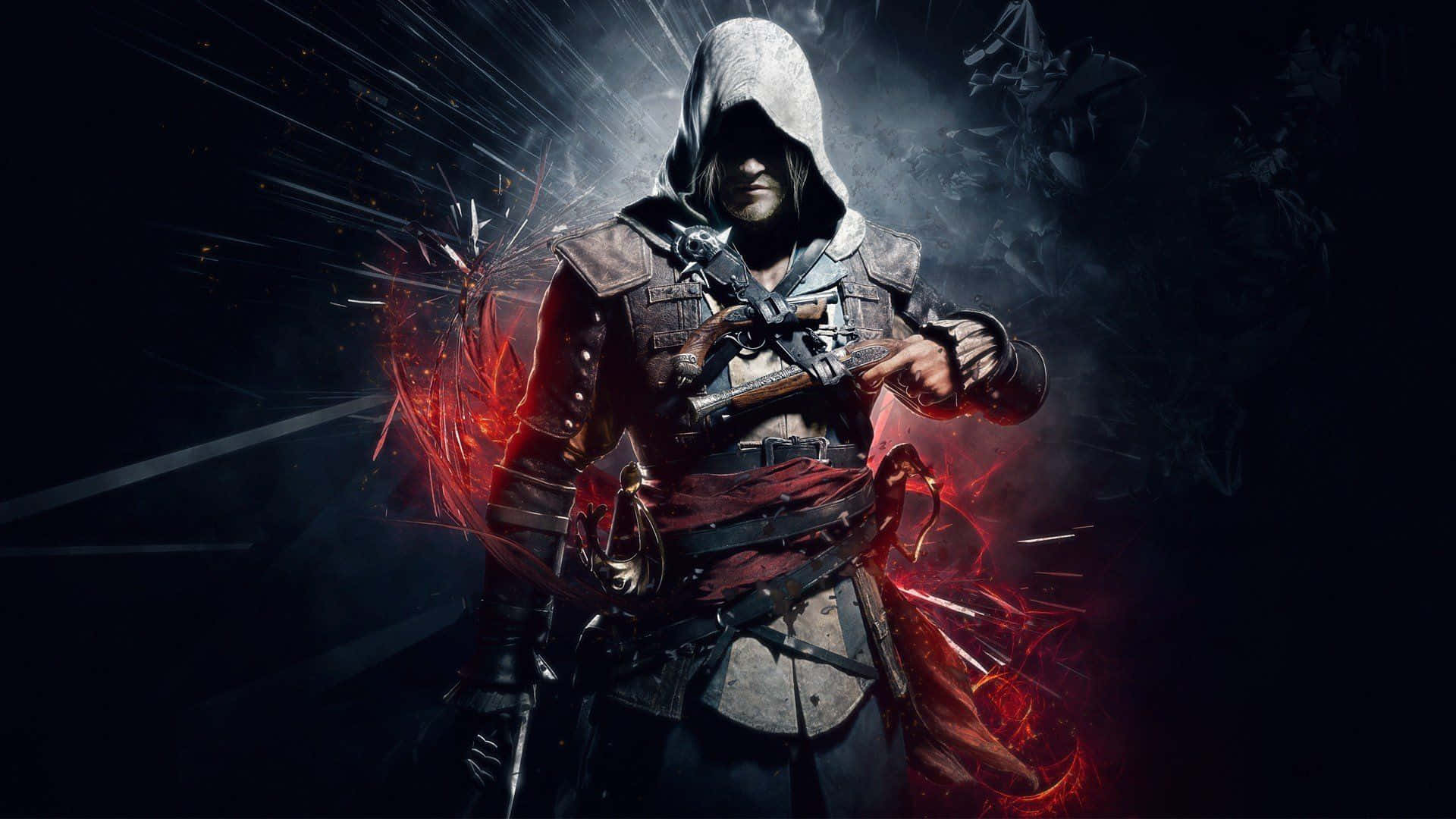 Xbox Games 桌布 壁紙 — 一名身穿暗色盔甲的蒙面刺客揮舞著刀刃，紅色能量在他周圍噼啪作響，背景陰暗。