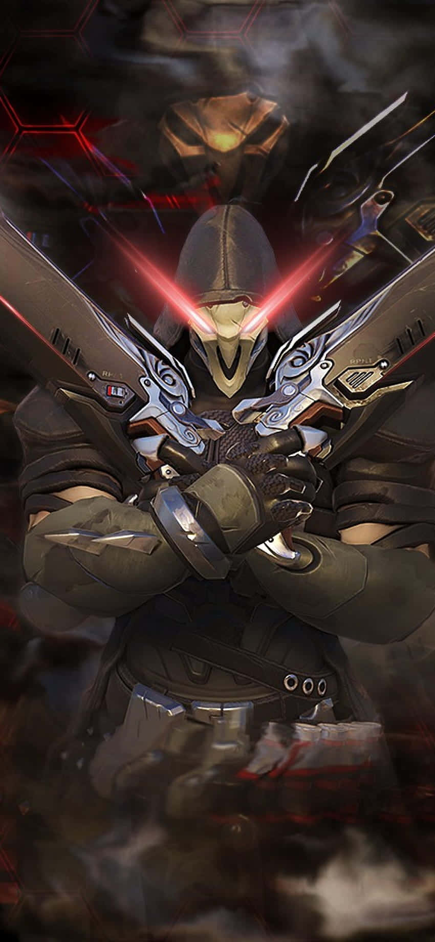 Overwatch 桌布 壁紙 — 一名身穿暗色盔甲的蒙面戰士，在煙霧瀰漫的戰場背景下，手持兩把發出紅光的劍。