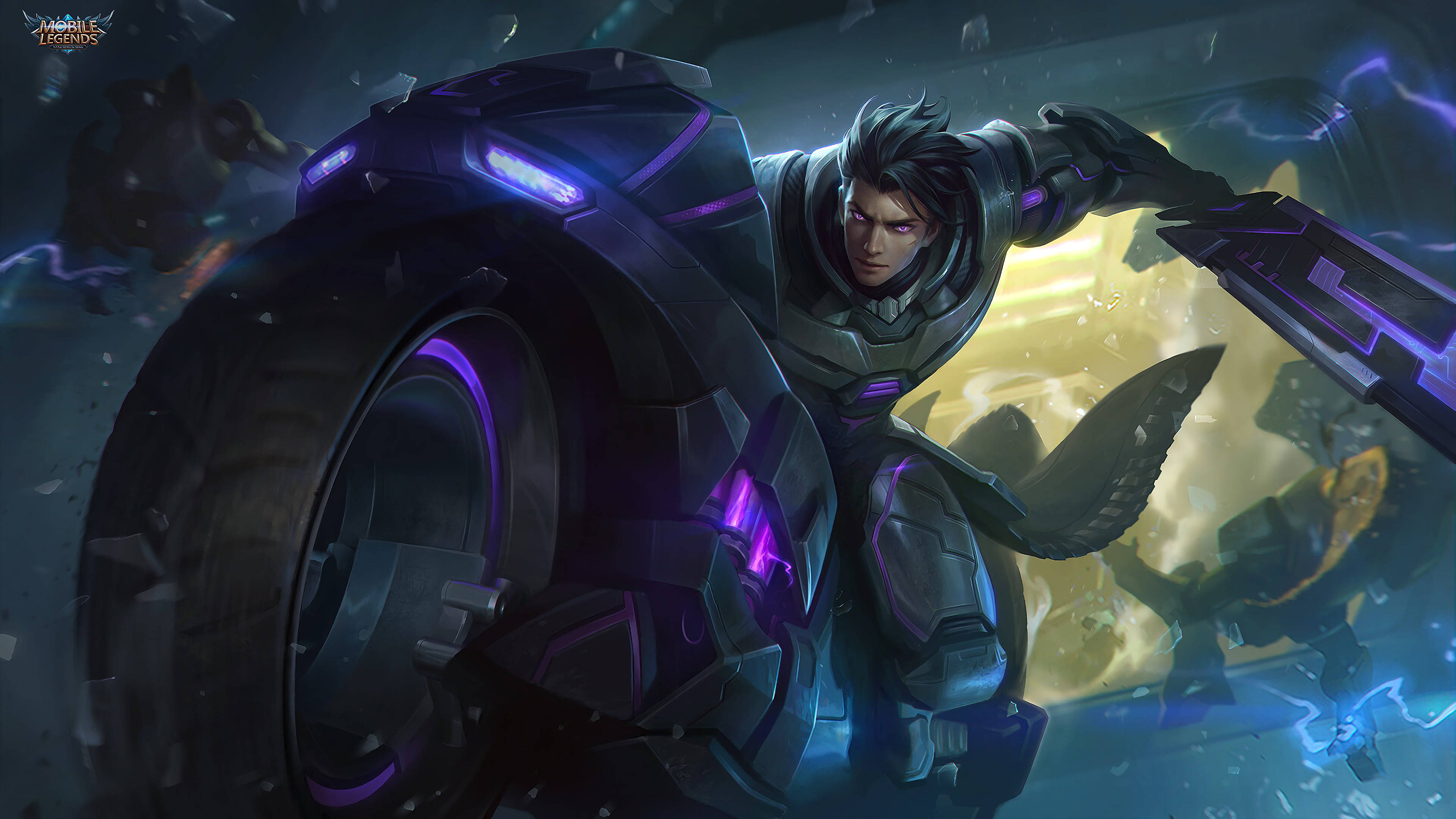 heroes 桌布 壁紙 — 一名身穿暗色盔甲的賽博龐克戰士騎著發光的紫色機車，穿越破碎的未來城市景觀。