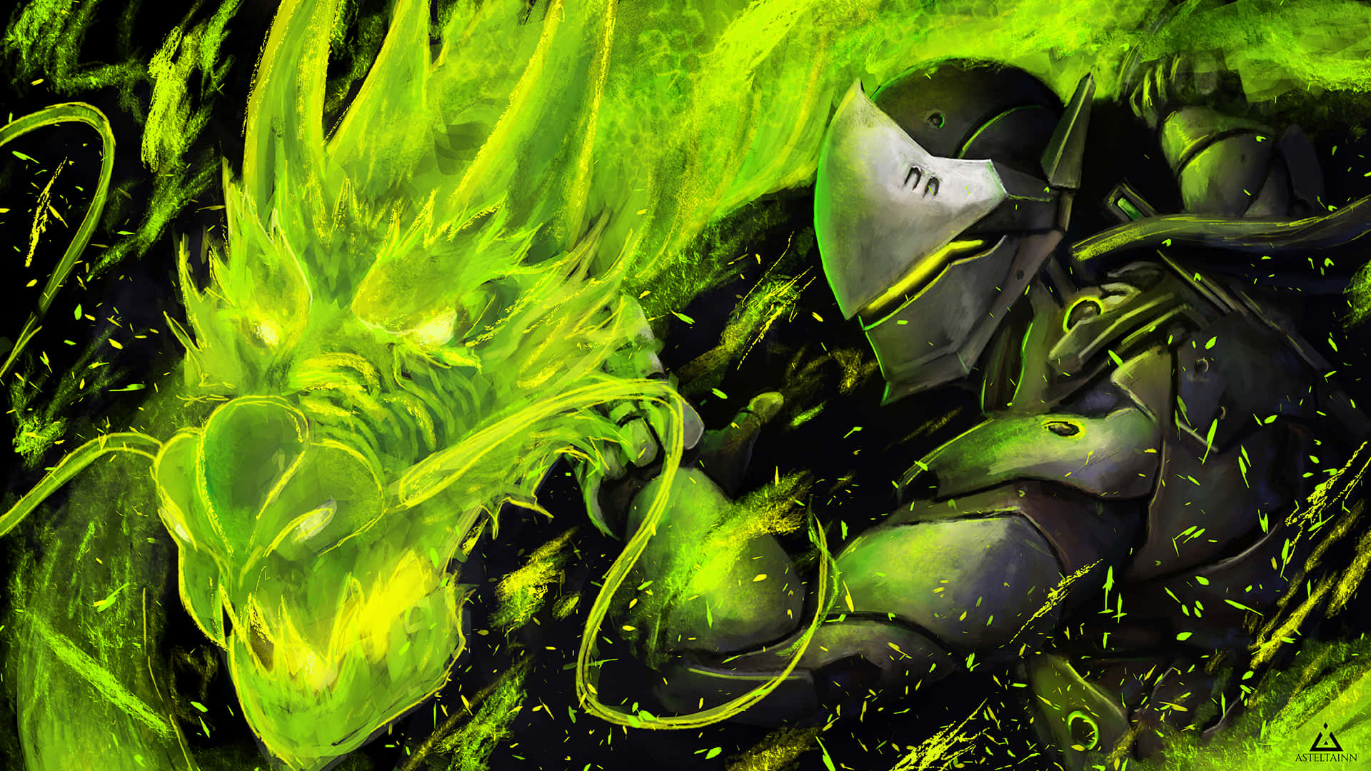 Genji 4K 桌布 壁紙 — 一名身穿暗色盔甲的騎士，在旋轉的翡翠能量和火花中與發光的綠色巨龍交戰。