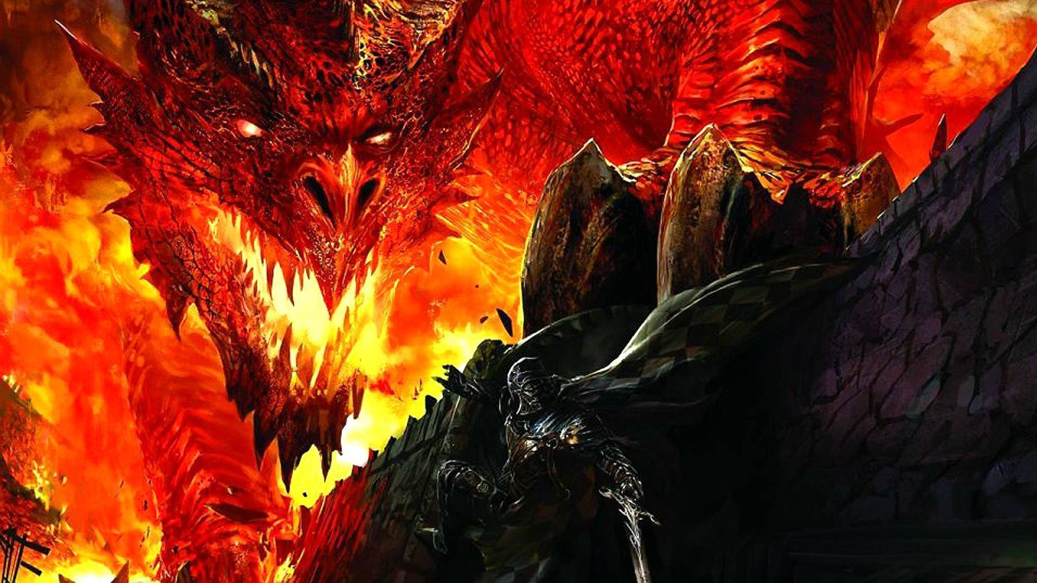 Dungeons And Dragons 桌布 壁紙 — 一名身穿暗色盔甲的騎士，在火山景觀中挑釁地站在一隻噴火的巨大火紅龍面前。