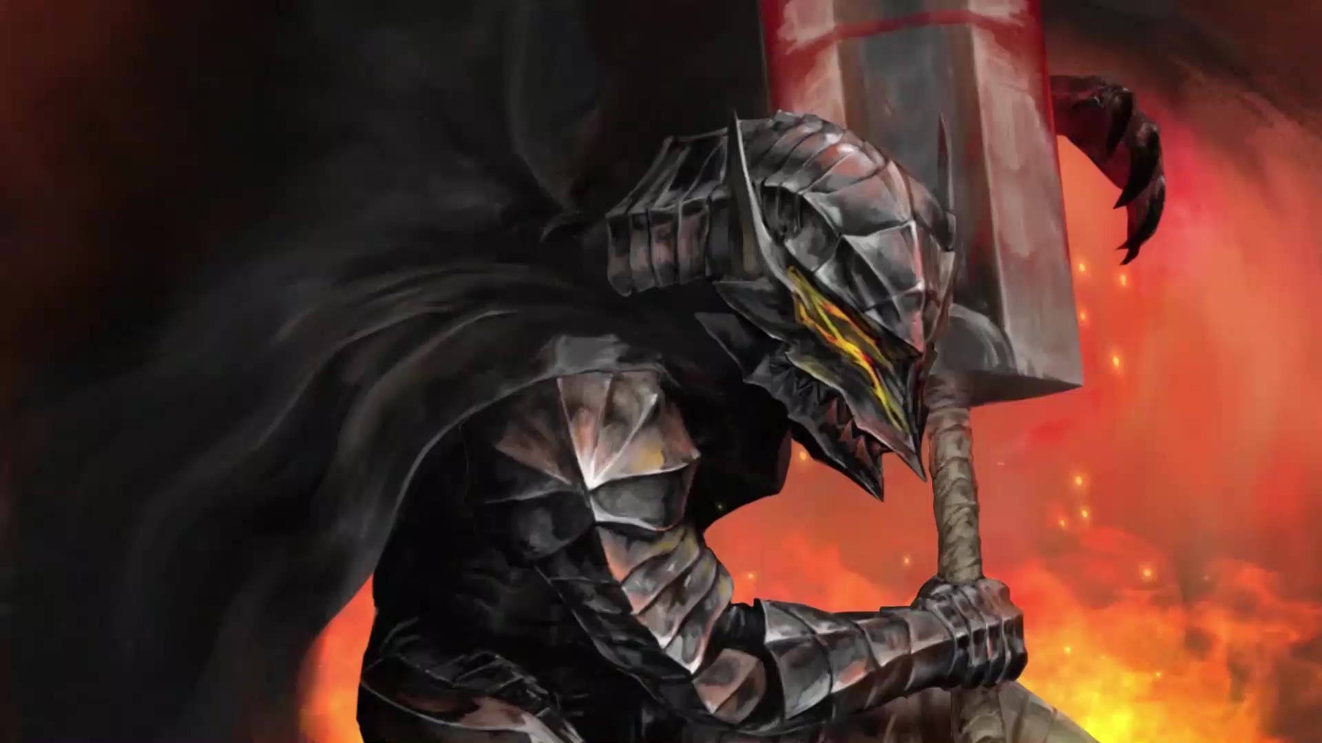 Berserk Guts 桌布 壁紙 — 一名身穿暗色盔甲的騎士，雙眼發出黃光，手持巨錘，背景是熾熱的橙色和紅色。