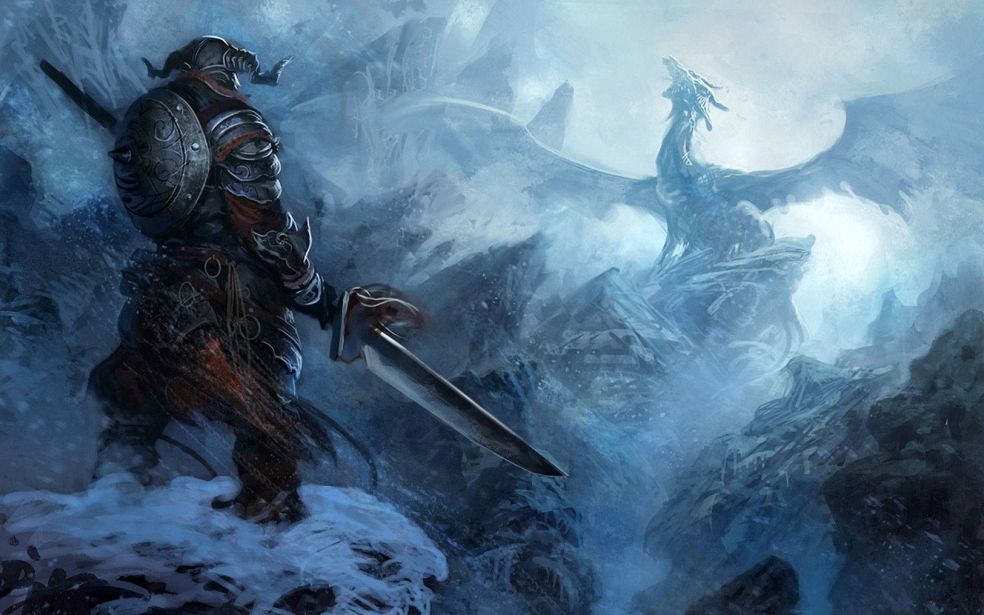電玩遊戲 桌布 壁紙 — 一名身穿暗色盔甲的騎士在暴風雪中，站在積雪的懸崖上，面對著一條巨大的冰龍。