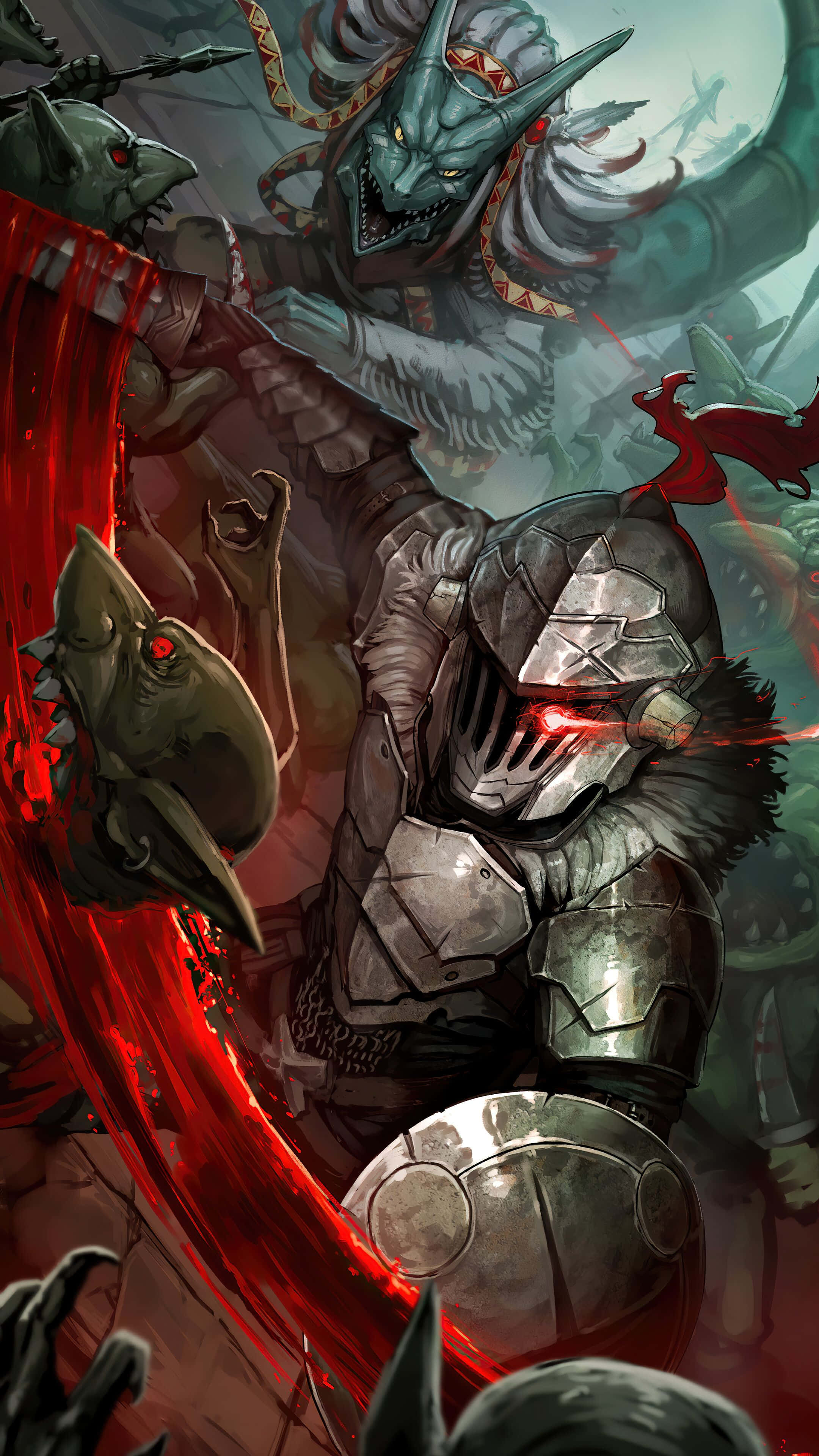 Goblin Slayer 桌布 壁紙 — 一名身穿暗色盔甲的騎士在混亂的戰鬥場景中揮舞著一把發光的紅色劍，對抗怪物般的惡魔敵人。