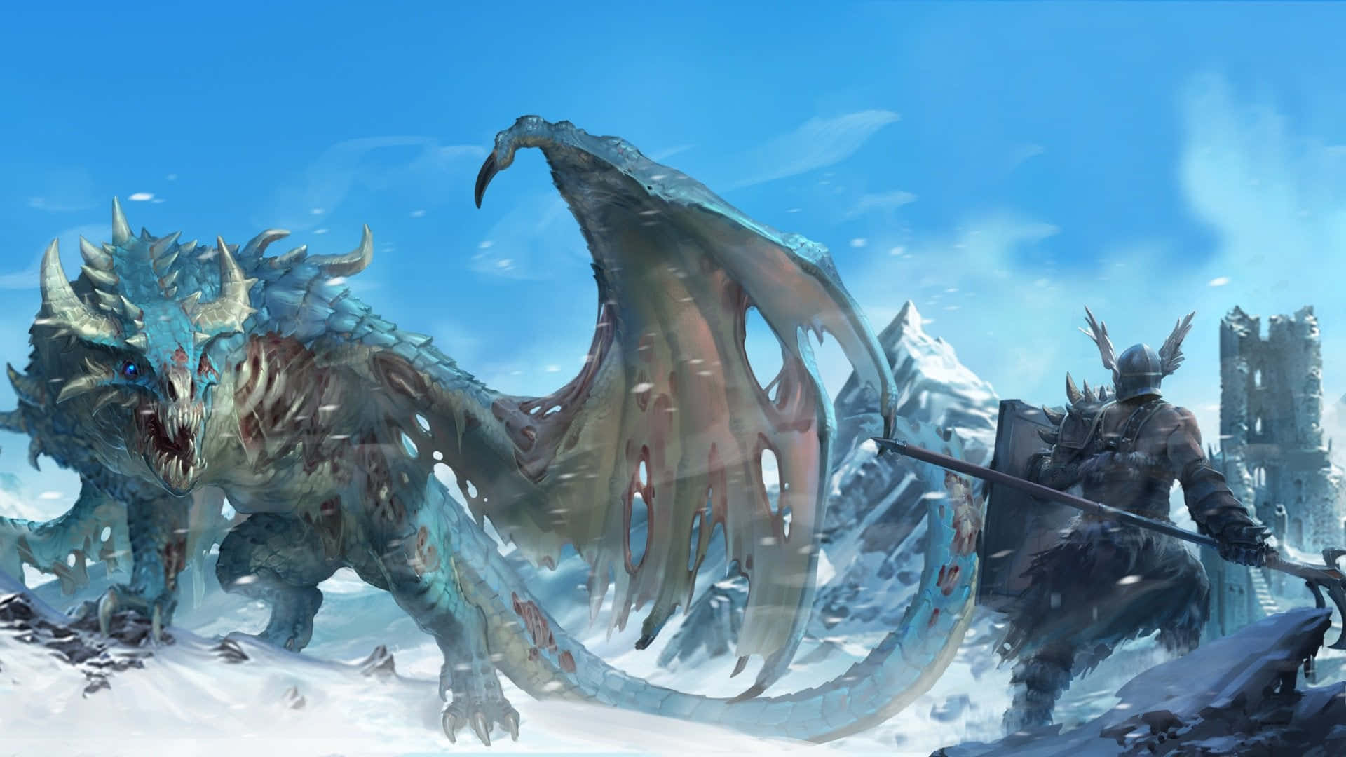 電玩遊戲 桌布 壁紙 — 一名身穿暗色盔甲的騎士在積雪的山口面對一隻擁有尖刺翅膀和發光眼睛的巨大冰藍色龍。