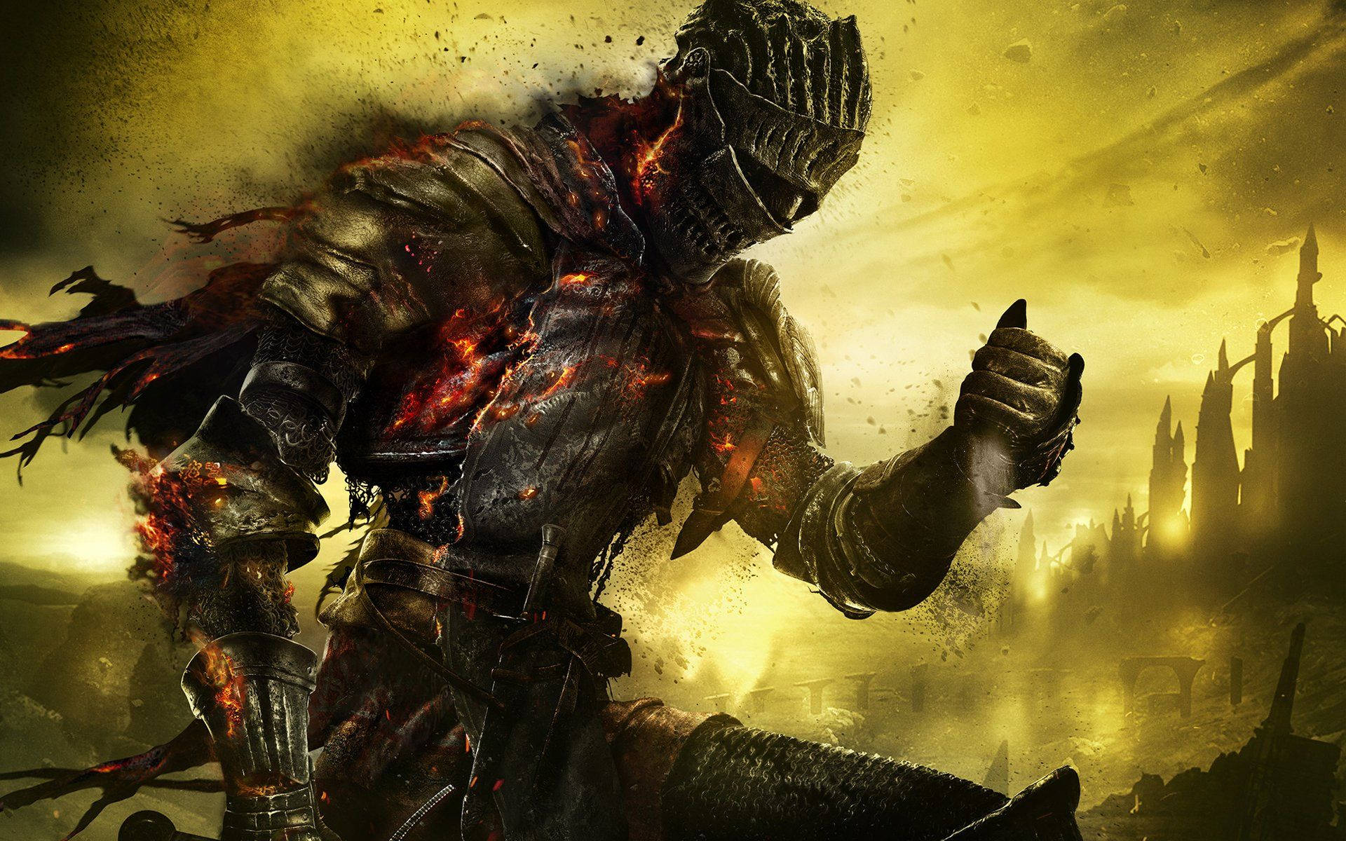 Dark Souls 3 桌布 壁紙 — 一名身穿暗色盔甲的騎士在金色朦朧的天空下，於一座 crumbling 城堡上燃燒著發光的紅色火焰。