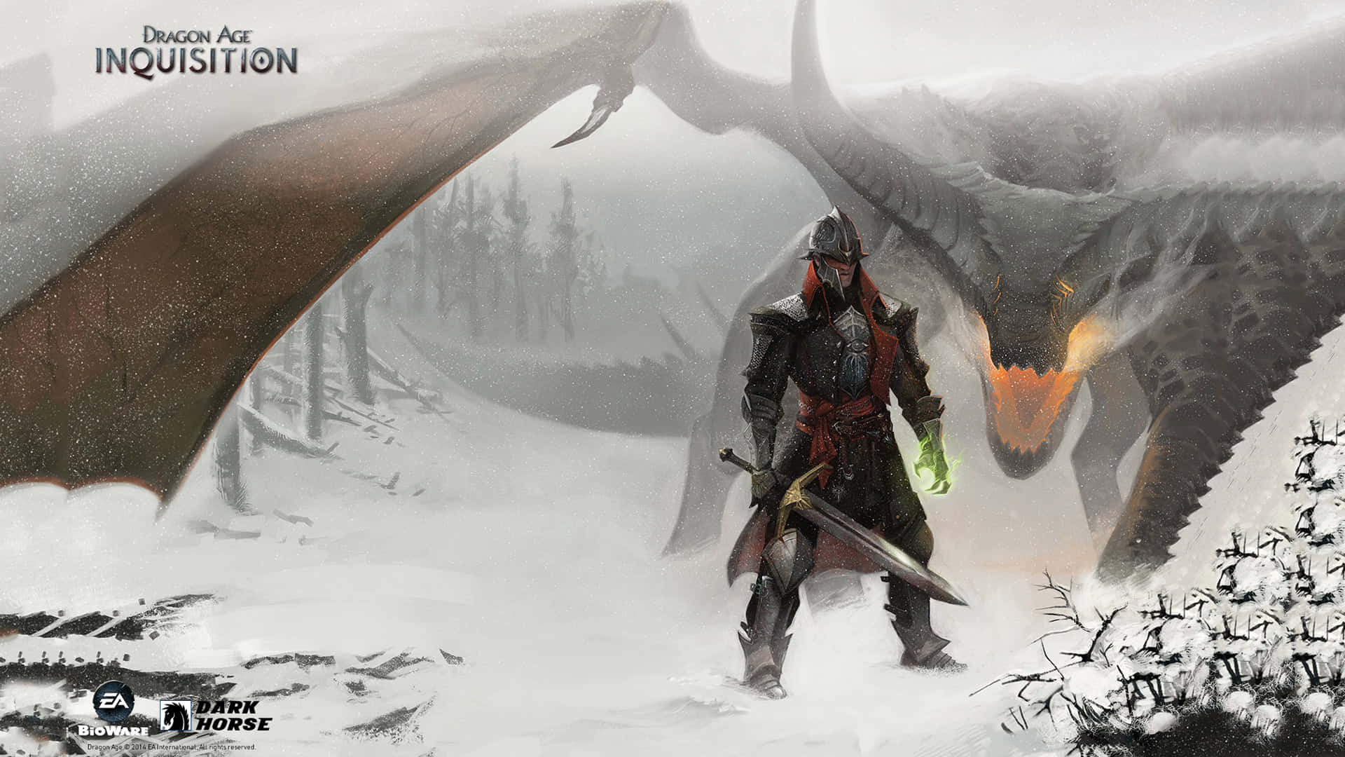 Best Dragon Age Inquisition 桌布 壁紙 — 一名身穿暗色盔甲的騎士在雪地森林中挑釁地站立，身後一隻巨大的龍睜著發光的橙色眼睛隱約出現。
