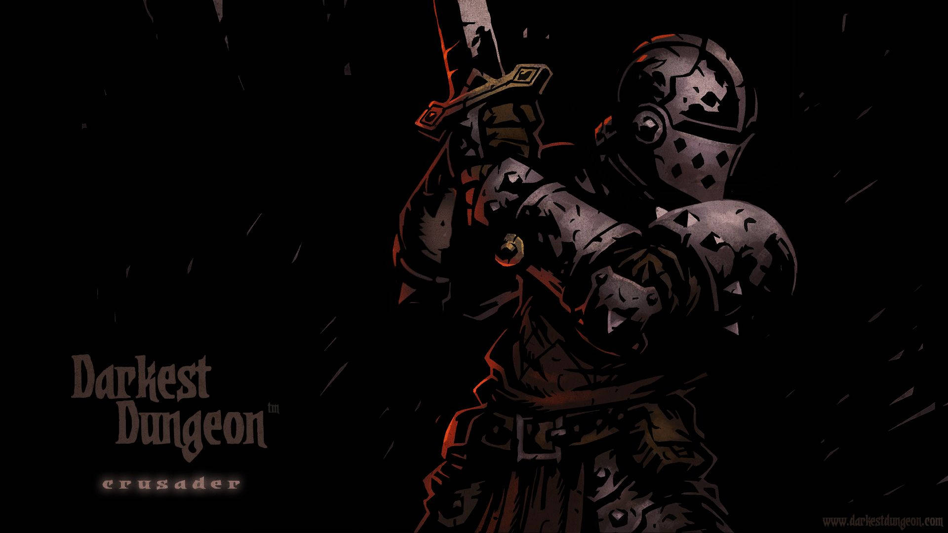 Dungeon 桌布 壁紙 — 一名身穿暗色盔甲的騎士在黑色背景上揮劍，背景有紅色高光和雨狀條紋。