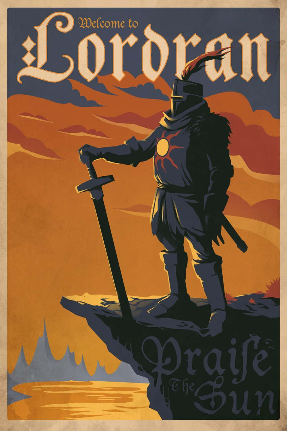 Solaire Of Astora 桌布 壁紙 — 一名身穿暗色盔甲的騎士站在懸崖頂上，手持劍，背景是火紅橙色的日落天空，文字寫著「歡迎來到羅德蘭」和「讚美太陽」。