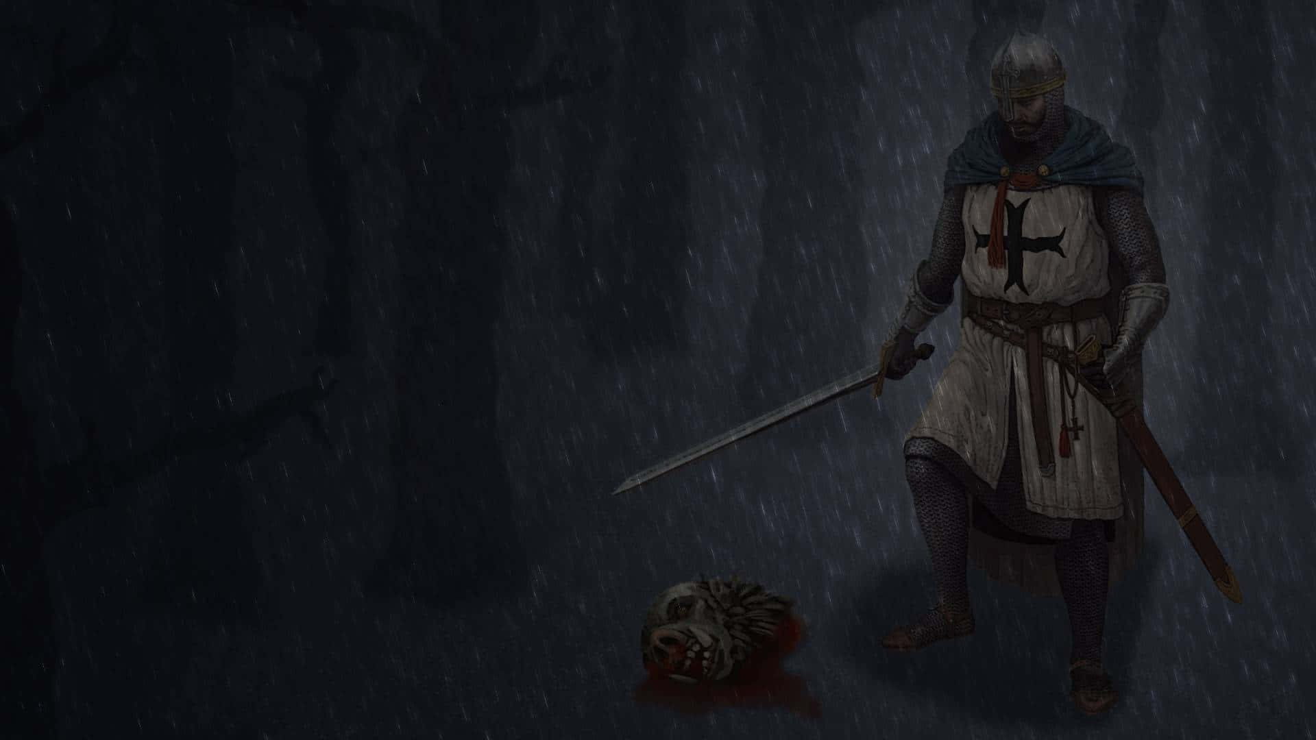 Crusader 桌布 壁紙 — 一名身穿暗色盔甲的騎士站在雨淋濕的森林中，手持劍，旁邊地上有一個被斬首的頭顱。