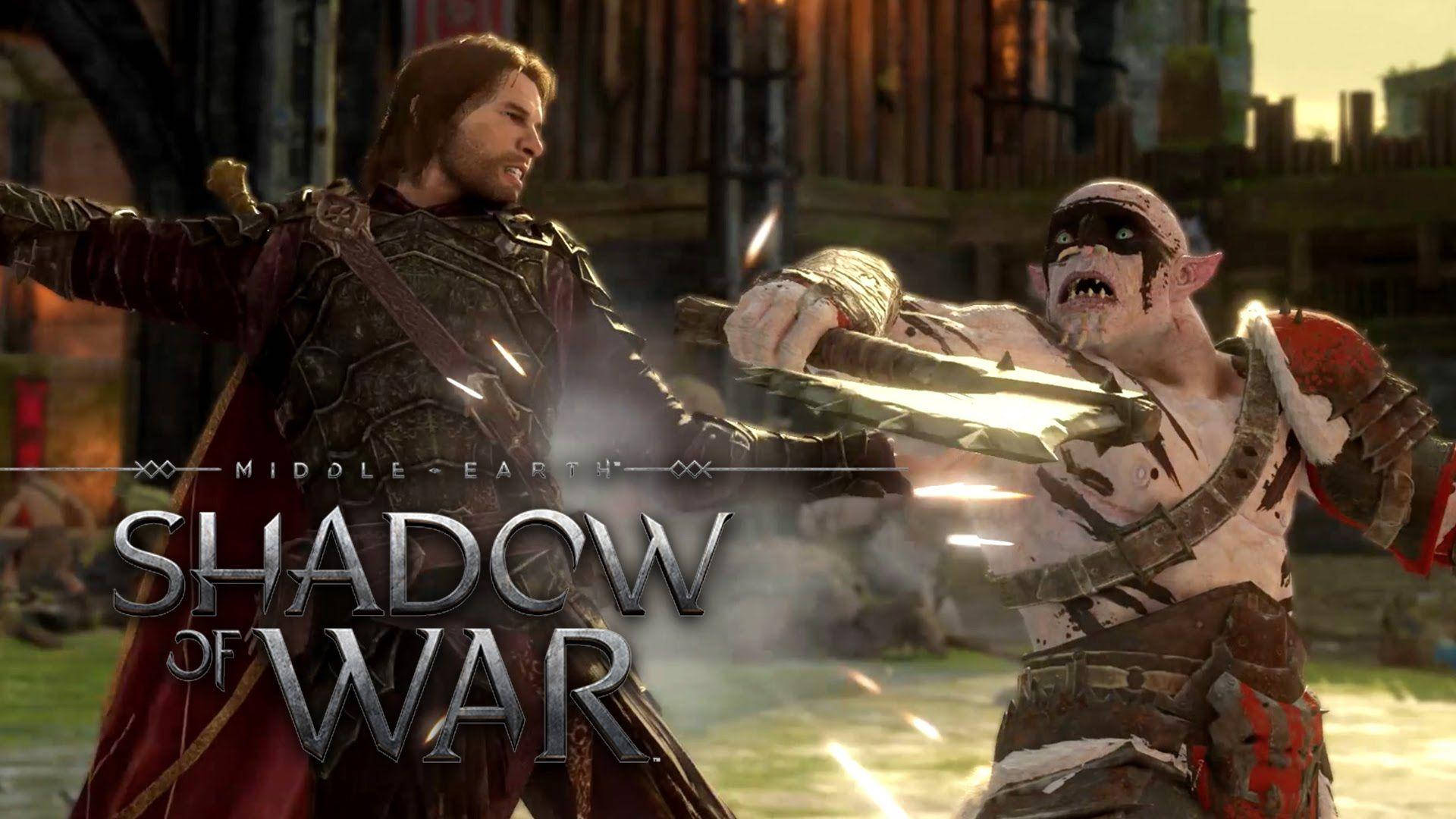 shadow 桌布 壁紙 — 一名身穿暗色鎧甲的人類戰士，在陽光明媚的中土戰場上與咆哮的獸人交鋒。