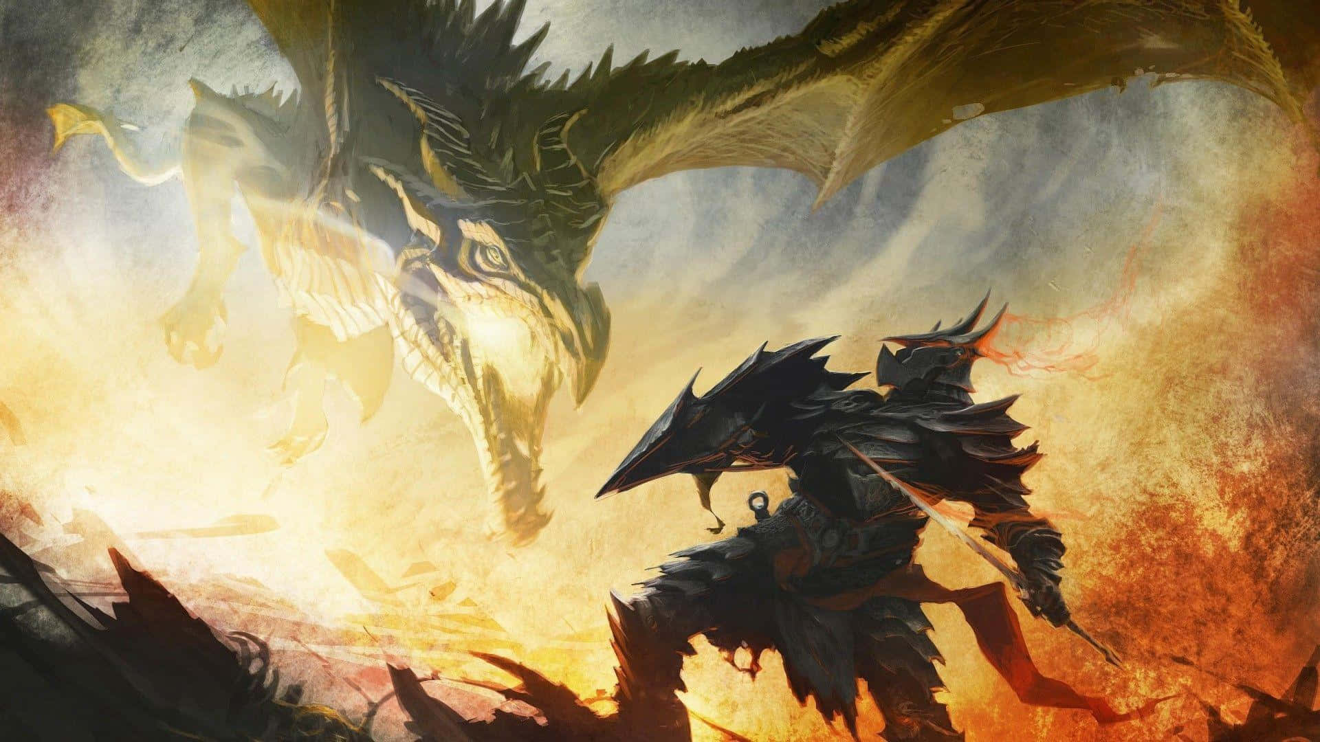 Skyrim Alduin 桌布 壁紙 — 一名身穿暗色鎧甲的戰士，在烈焰混亂與崩塌廢墟中面對一條巨大的金色巨龍。