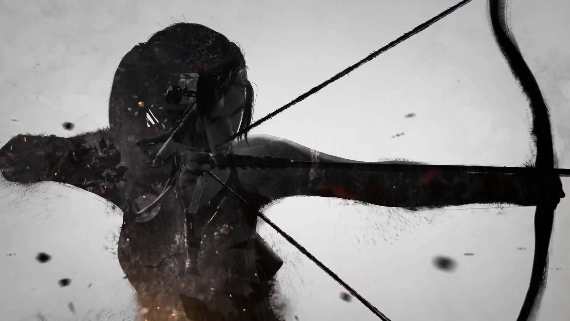 Rise Of The Tomb Raider 桌布 壁紙 — 一名身穿暗色鎧甲的戰士，在純白背景上專注地拉弓，周圍有漂浮的火星。