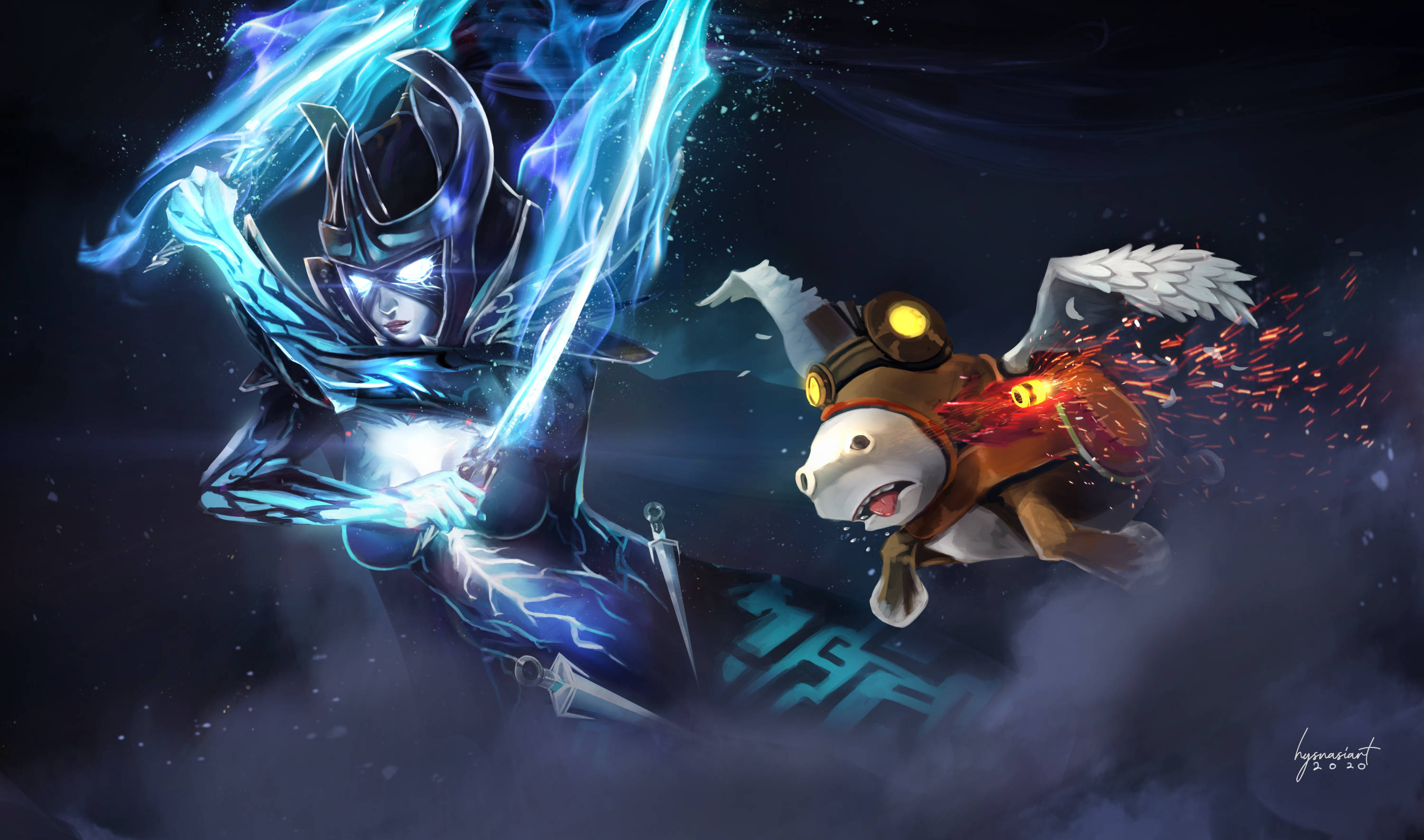 dota 2 4K 桌布 壁紙 — 一名身穿暗色鎧甲的戰士在宇宙戰鬥中揮舞著發光的藍色劍，對抗一隻火焰翅膀的生物。