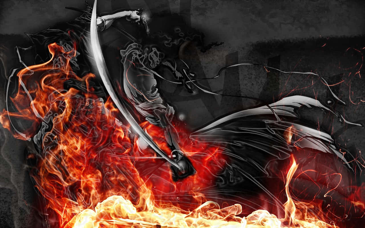 Afro Samurai 桌布 壁紙 — 一名身穿暗色鎧甲的戰士在粗糙的混凝土背景下，於咆哮的火焰中揮舞著發光的劍。