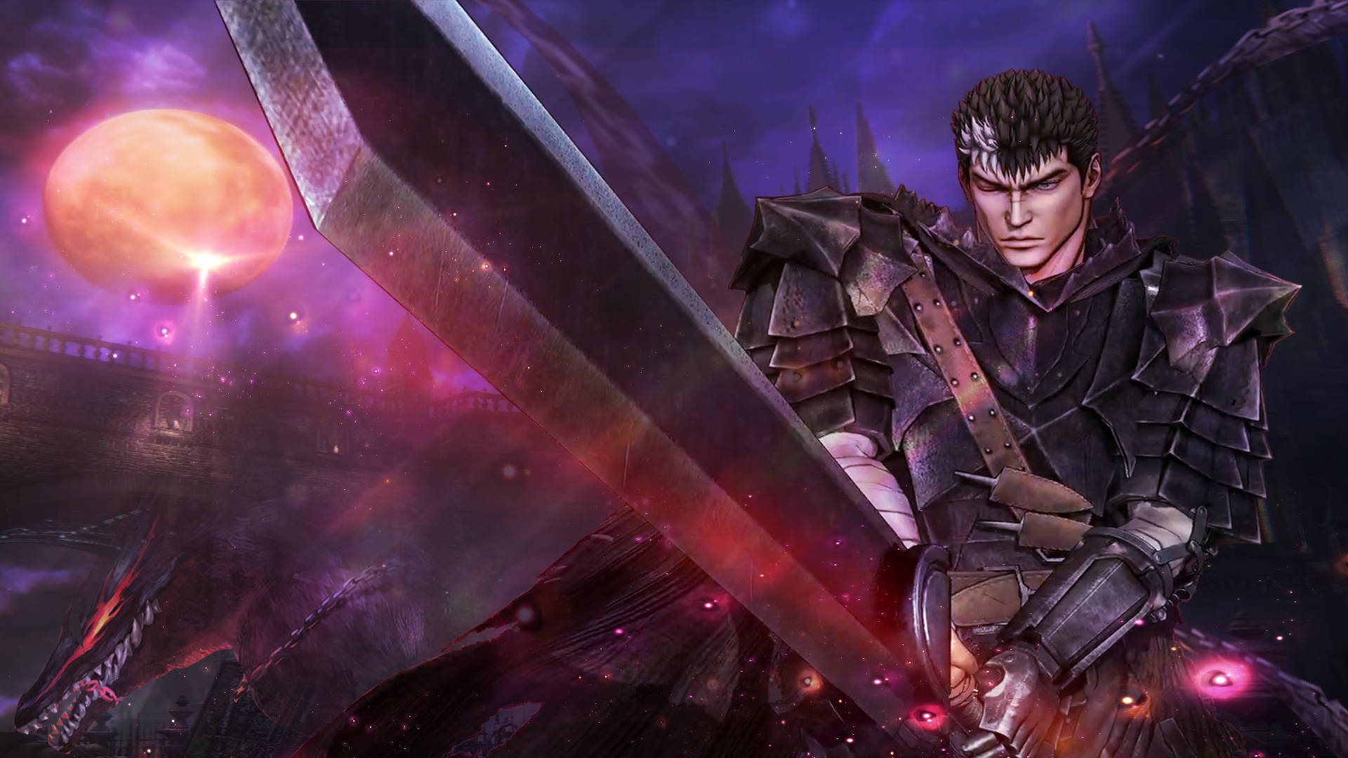 Berserk Guts 桌布 壁紙 — 一名身穿暗色鎧甲的戰士在血橙色月亮下握著一把巨大的發光劍，身處哥德式奇幻景觀中。