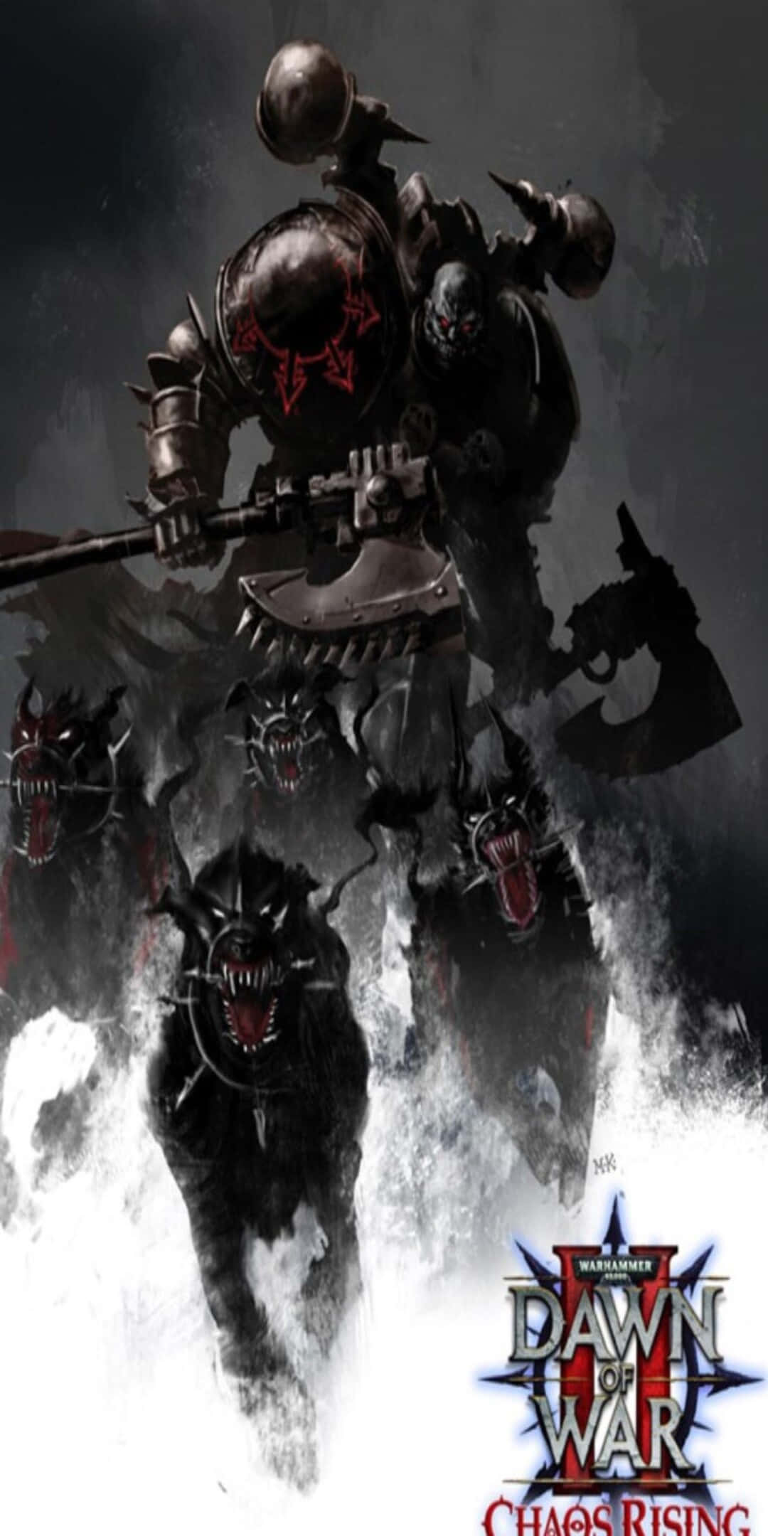 電玩遊戲 桌布 壁紙 — 一名身穿暗色鎧甲的戰士騎著一頭 monstrous 黑色戰獸，穿過風暴肆虐的戰場，雙眼發出紅光，手持鋸齒武器。