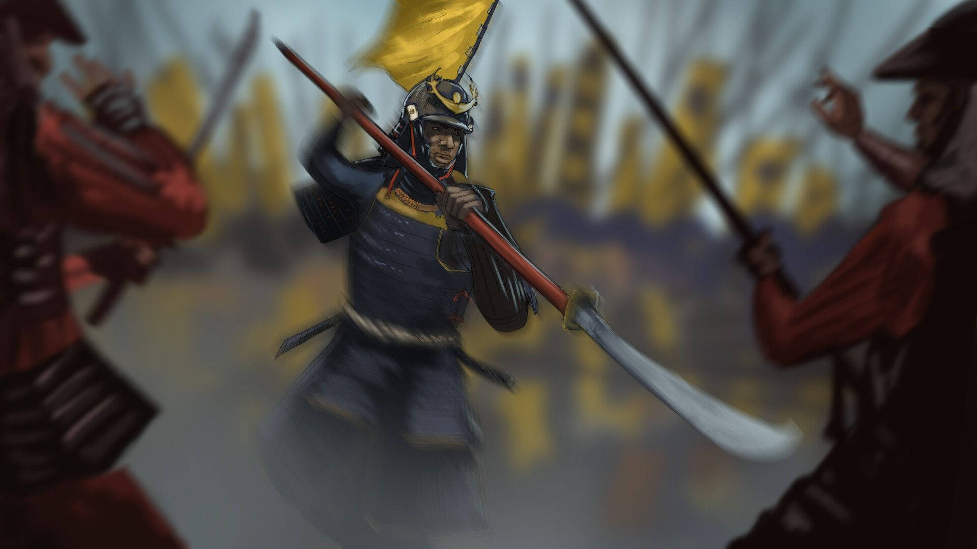 Yasuke 桌布 壁紙 — 一名身穿暗色鎧甲的武士在混亂的戰場上揮舞長劍，背景有模糊的紅衣敵人和黃色旗幟。