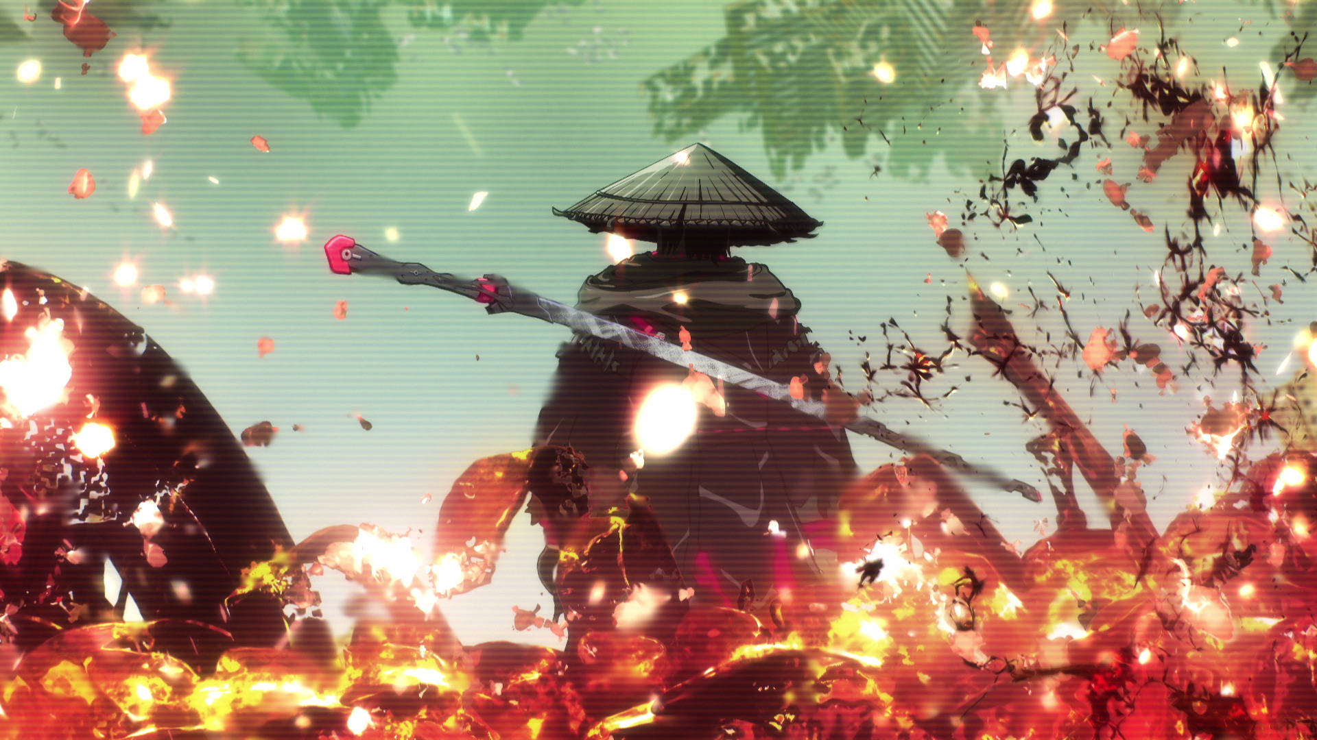 Nexus 桌布 壁紙 — 一名身穿暗色鎧甲的武士戰士，在綠色天空下，於熾熱爆炸和飄落的櫻花中揮舞著發光的劍。