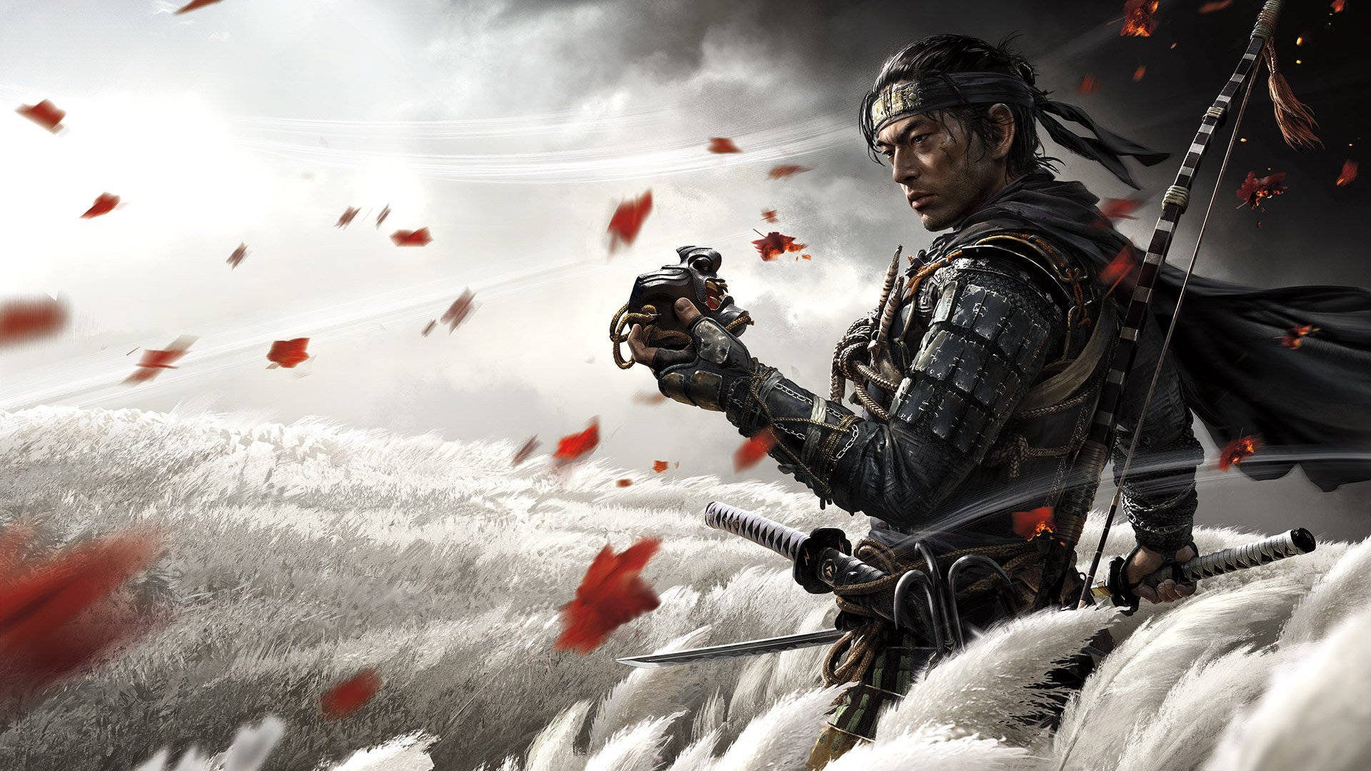 對馬戰鬼 桌布 壁紙 — 一名身穿暗色鎧甲的武士站在積雪的山峰上，手持一個被斬下的頭顱，紅葉在暴風雨的天空中旋轉。