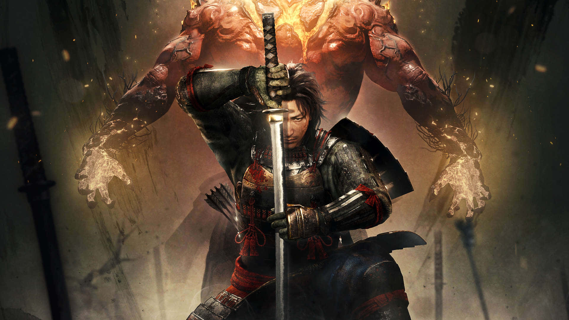 Samurai Movies 桌布 壁紙 — 一名身穿暗色鎧甲的武士緊握著劍，身後一個巨大的火焰惡魔在煙霧瀰漫的戰鬥場景中若隱若現。