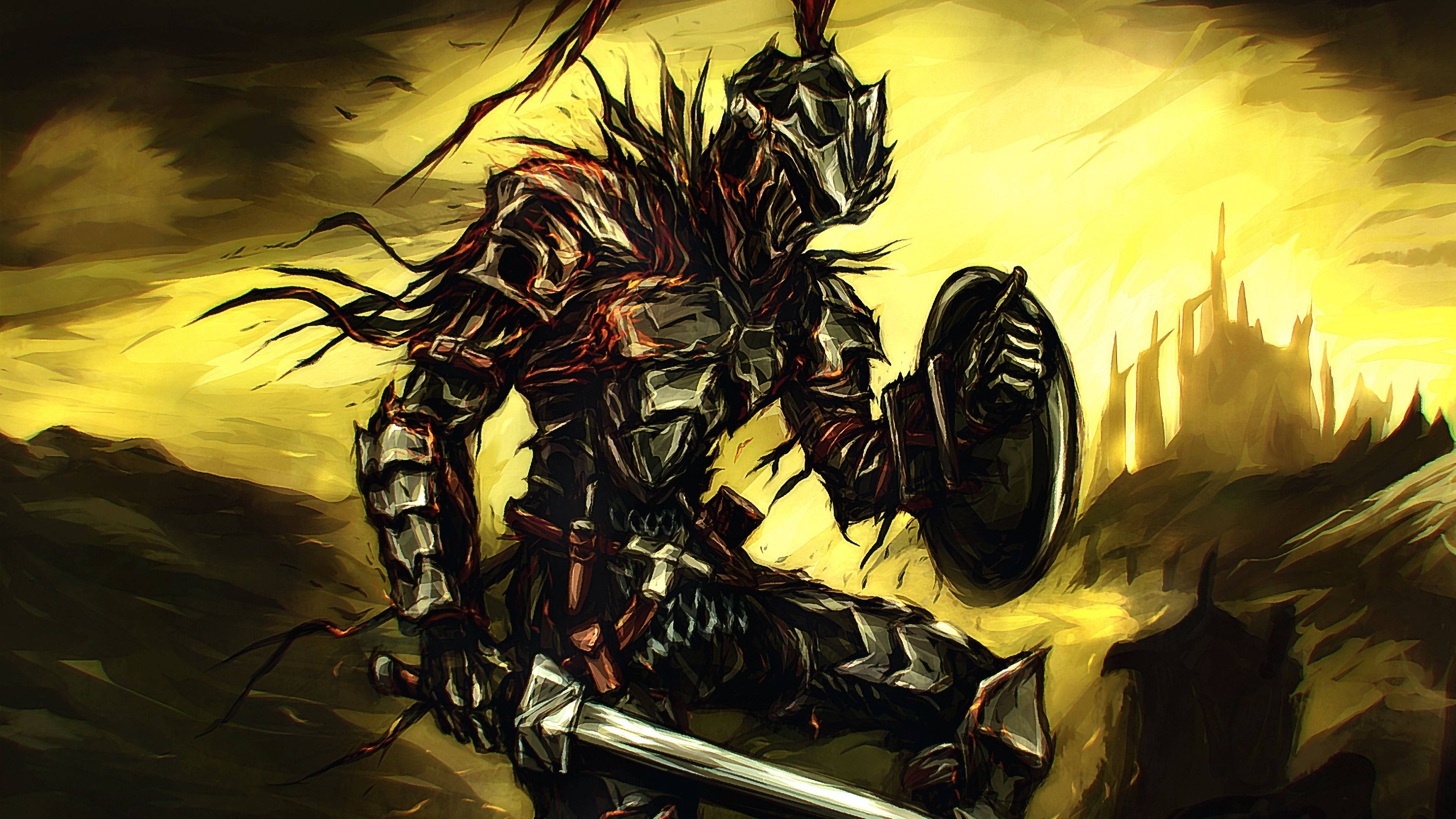 Goblin Slayer 桌布 壁紙 — 一名身穿暗色鎧甲的騎士，手持劍和盾牌，在金色夕陽天空下傲然站立，遠方有城堡的剪影。