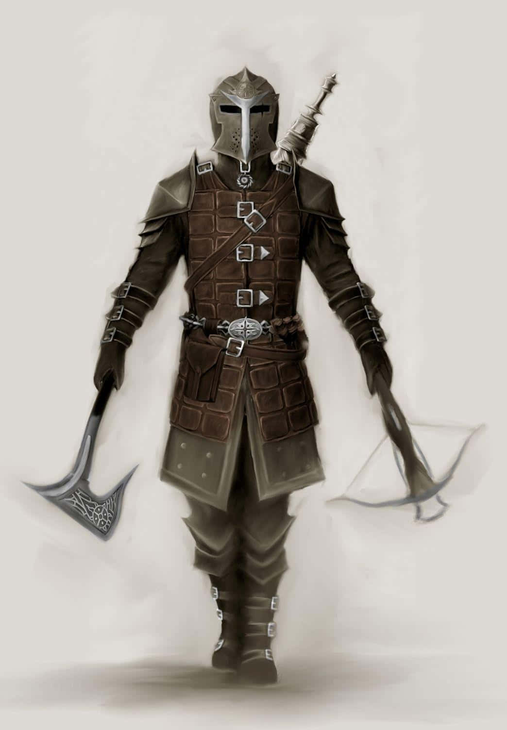 Skyrim Dawnguard 桌布 壁紙 — 一名身穿暗色鎧甲的騎士，手持戰斧和十字弓，站在柔和的灰色背景前。