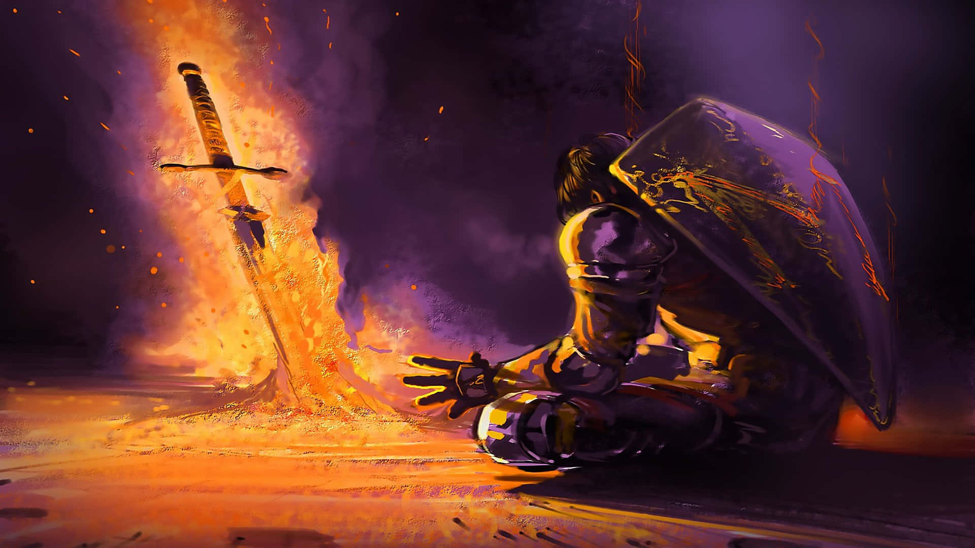 Dark Souls Black Knight 桌布 壁紙 — 一名身穿暗色鎧甲的騎士跪在一把從火焰中噴發而出的發光劍前，背景是煙霧繚繞的紫色。