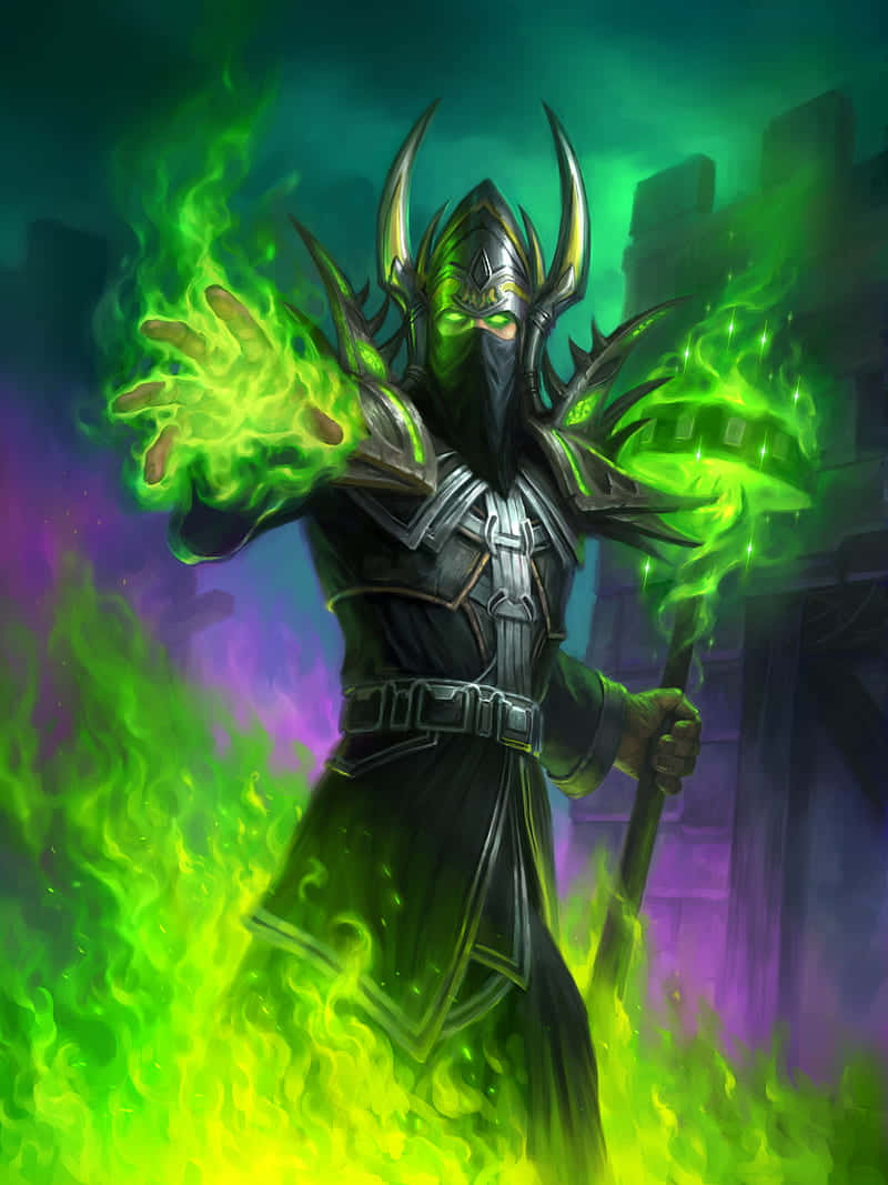 遊戲 桌布 壁紙 — 一名身穿暗黑盔甲的戰士，雙手噴發出綠色熾熱火焰，背景是紫色與綠色的神秘氛圍。