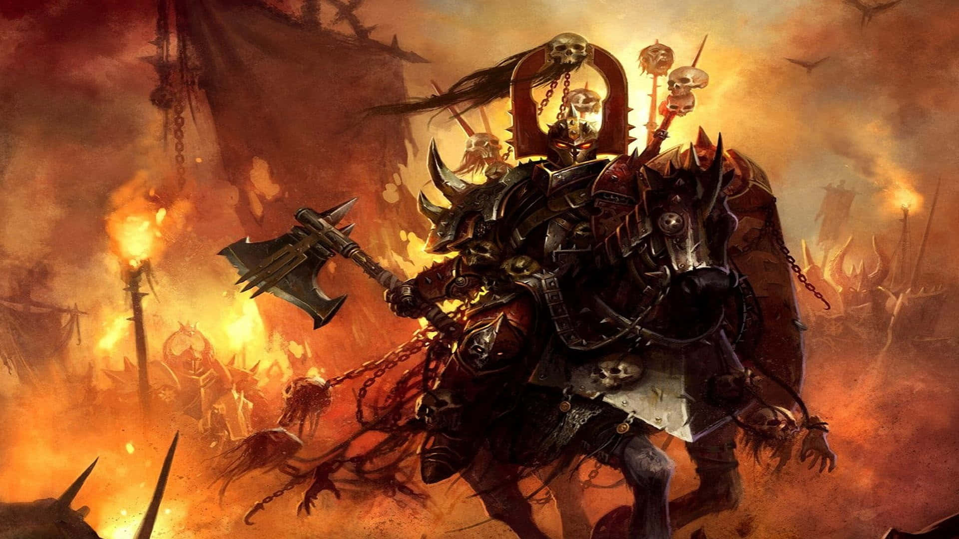Best Total War Warhammer 桌布 壁紙 — 一名身穿暗黑盔甲的戰士騎著骷髏戰馬，在血橙色天空下的火熱戰場上衝鋒。