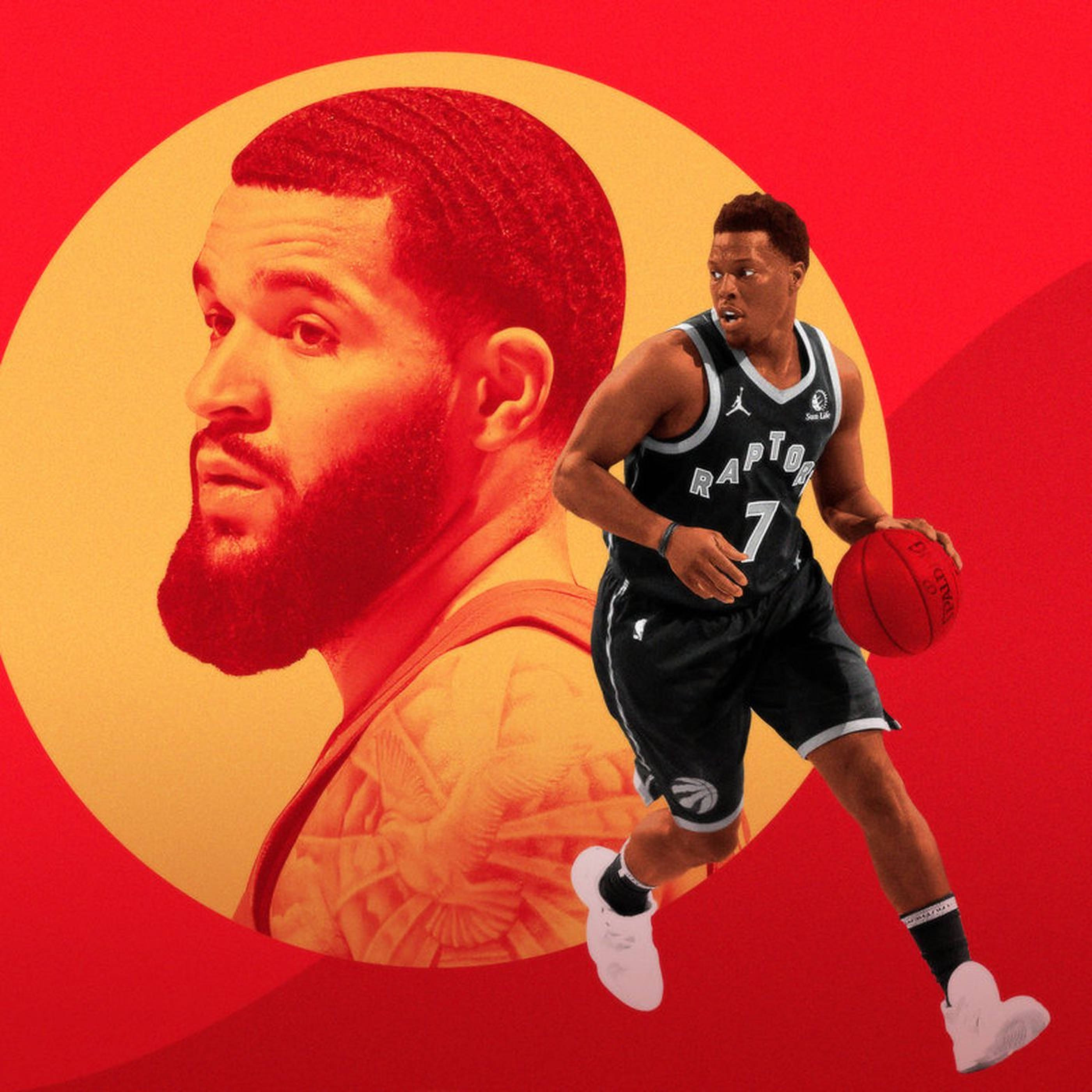Fred Vanvleet 桌布 壁紙 — 一名身穿暴龍球衣的動感籃球運動員，在帶有風格化肖像的醒目紅橙色圓形背景前運球。