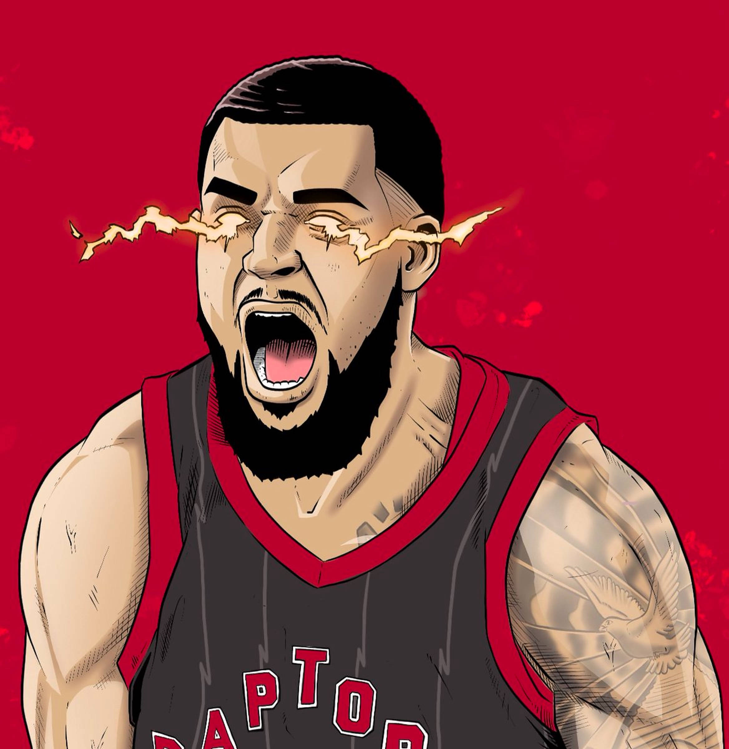 Fred Vanvleet 桌布 壁紙 — 一名身穿暴龍隊球衣的兇猛籃球運動員在鮮紅色背景下咆哮，眼睛射出閃電。
